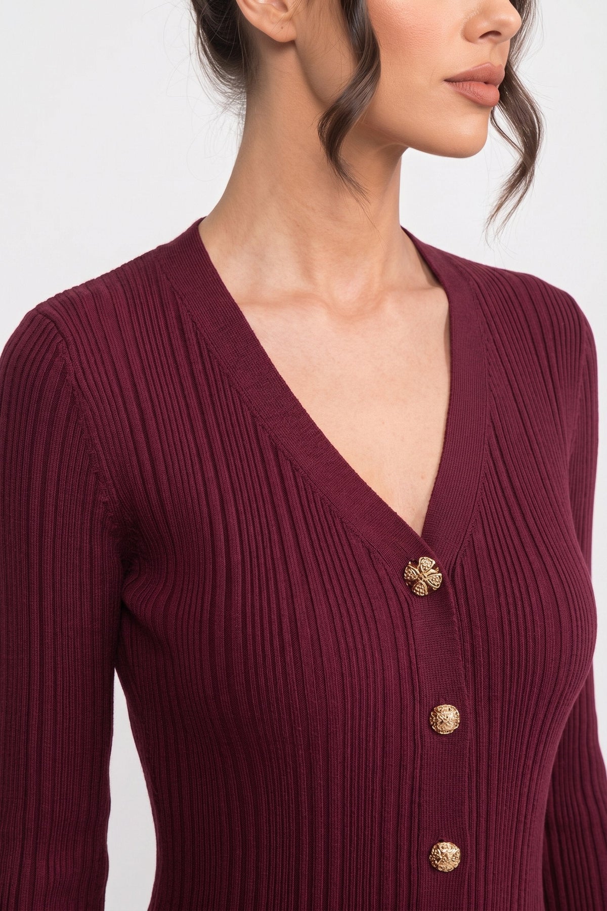 Sixtine Burgundy V-Neck Button-Front Ribbed Knit Maxi Dress With Ruffle Cuffs