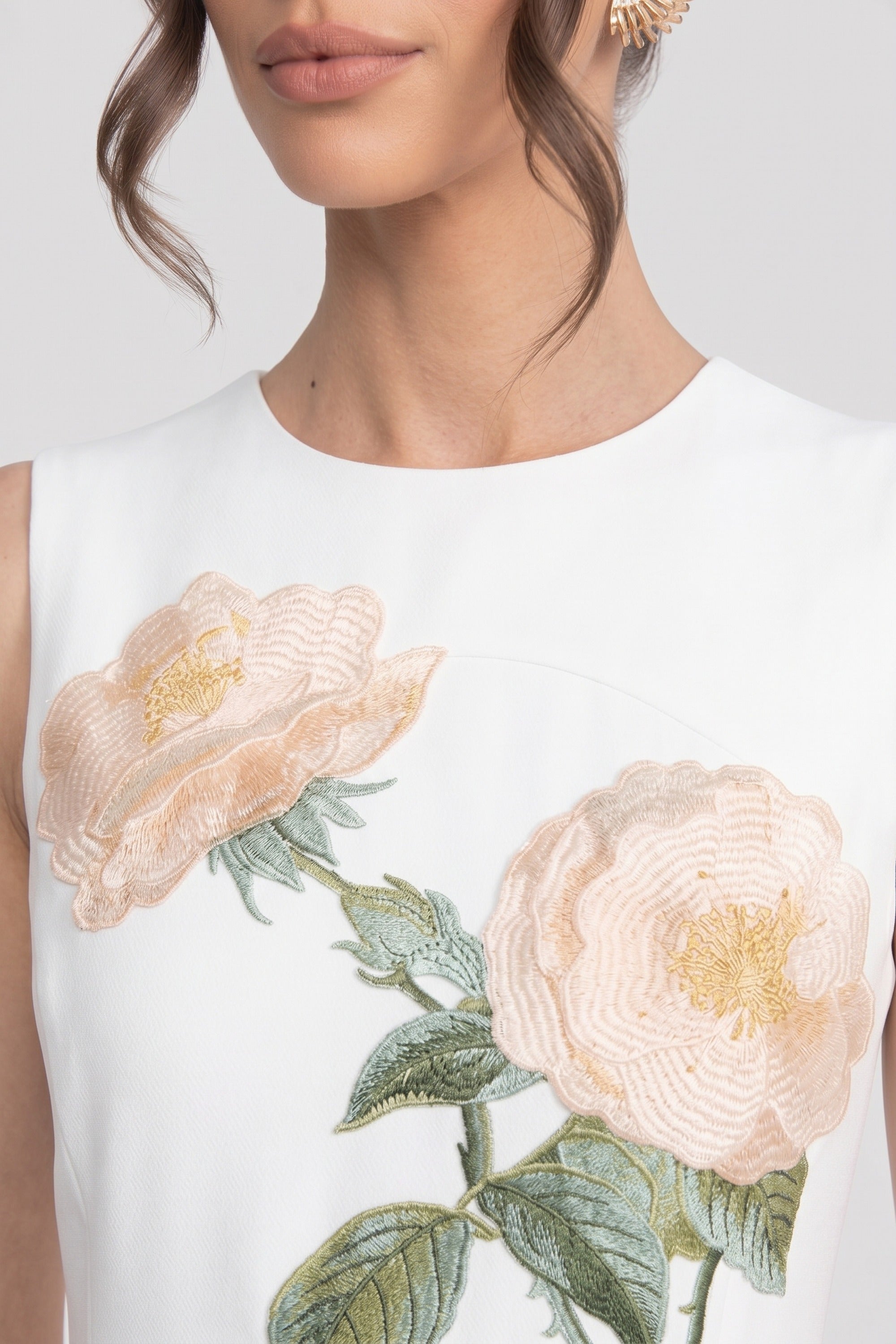 Sleeveless Midi Dress With 3D Floral Appliqué And Full Skirt - White