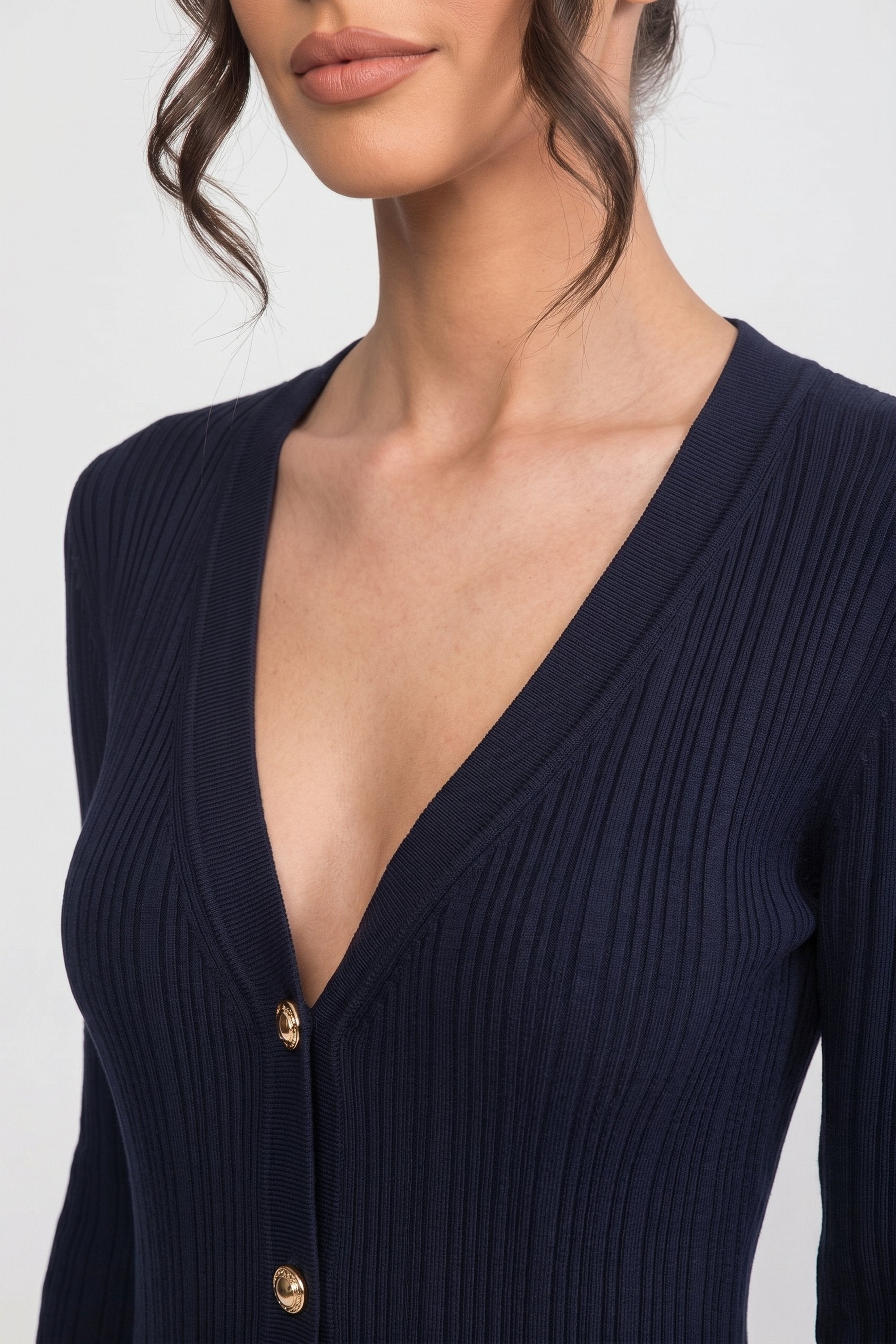 Long-Sleeve Button-Front Pleated Knit Maxi Dress With Contrast Cuffs - Navy