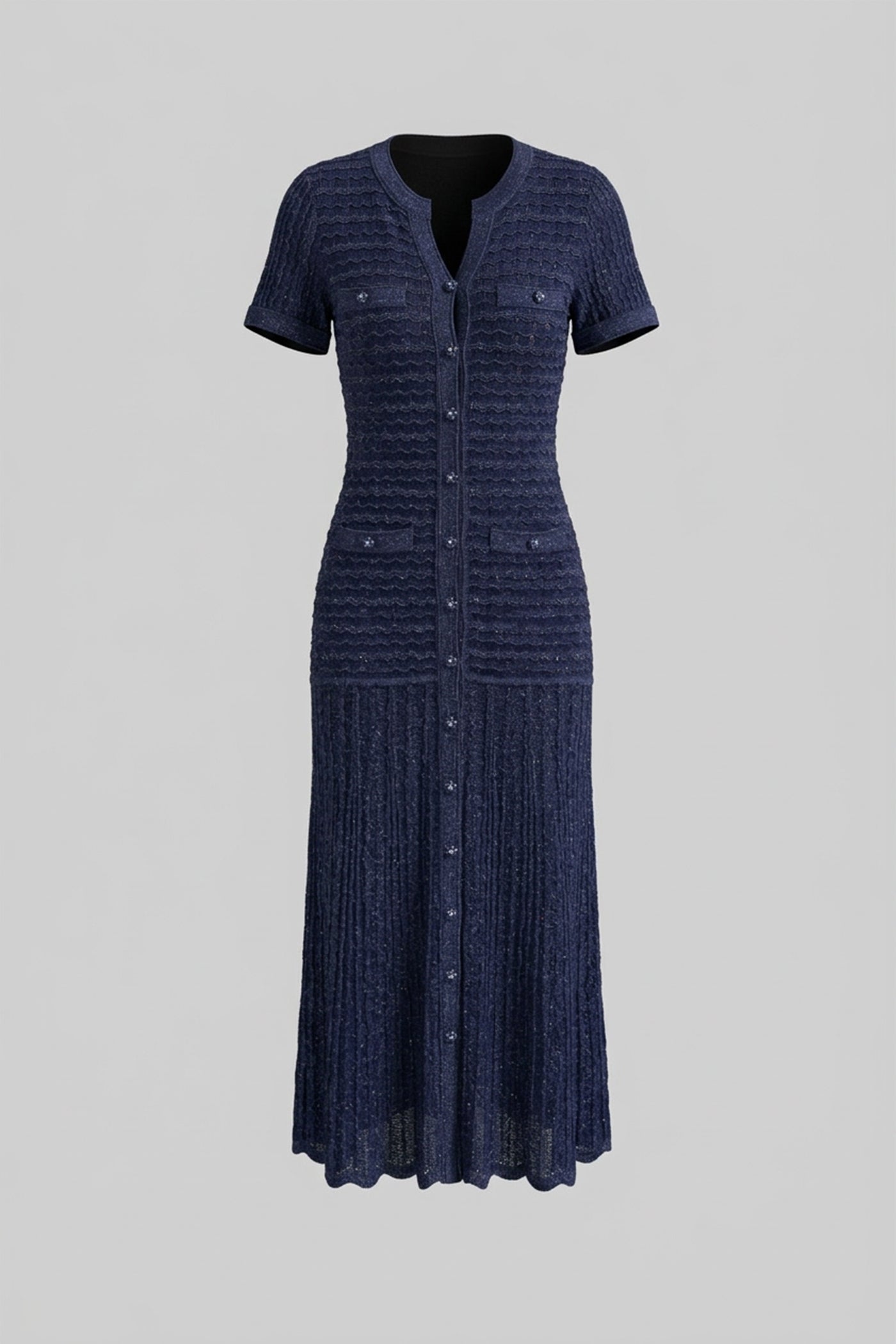 Short Sleeve Midi Dress With Shimmer Knit Texture - Navy