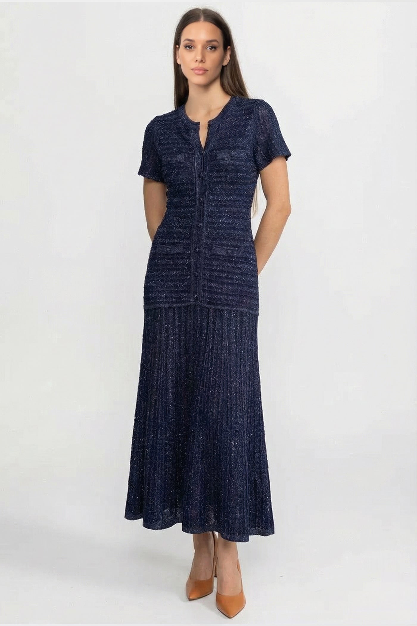 Yvonne Navy Short Sleeve Midi Dress With Shimmer Knit Texture