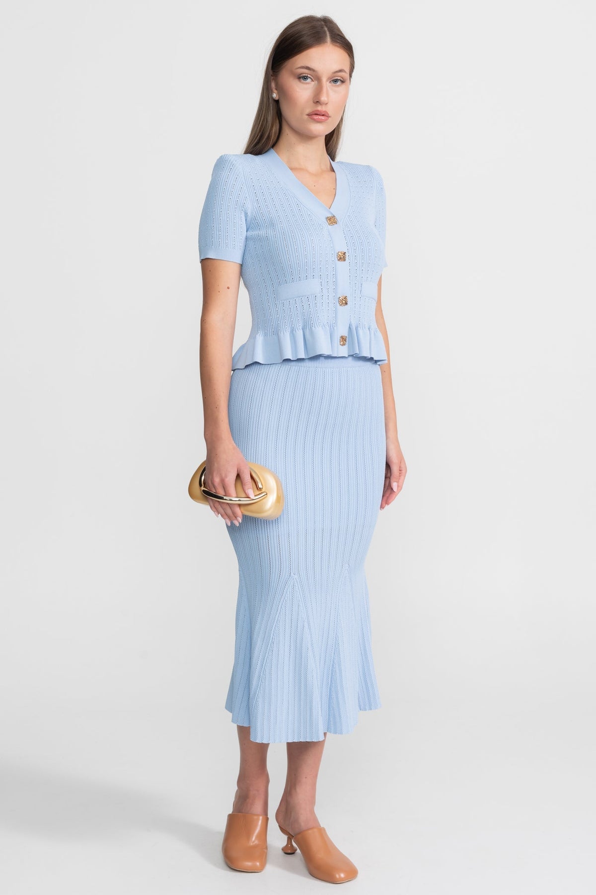 Eloise Baby Blue Knit Midi Co-Ord with Peplum Waist and Gold Buttons