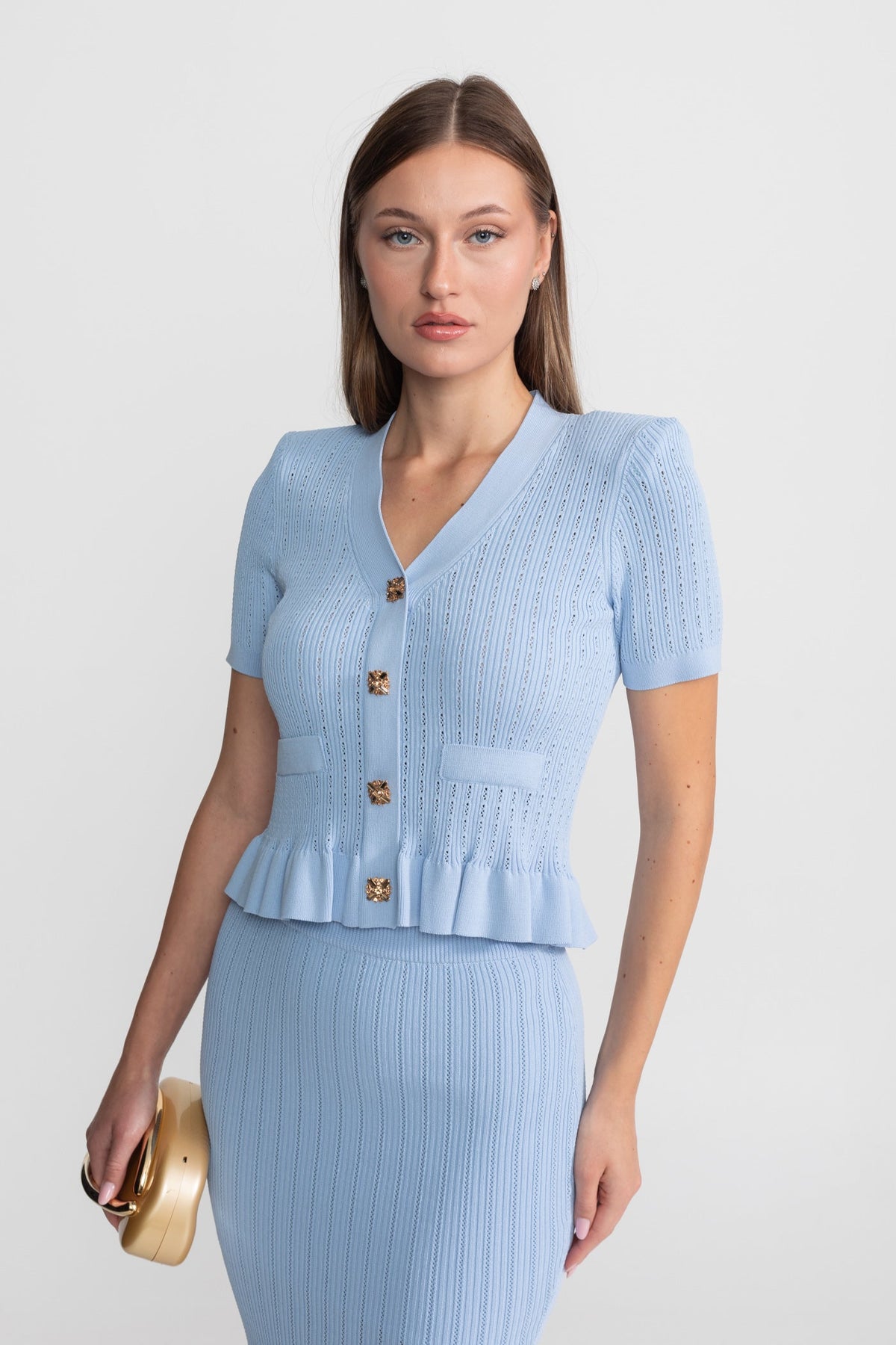 Eloise Baby Blue Knit Midi Co-Ord with Peplum Waist and Gold Buttons