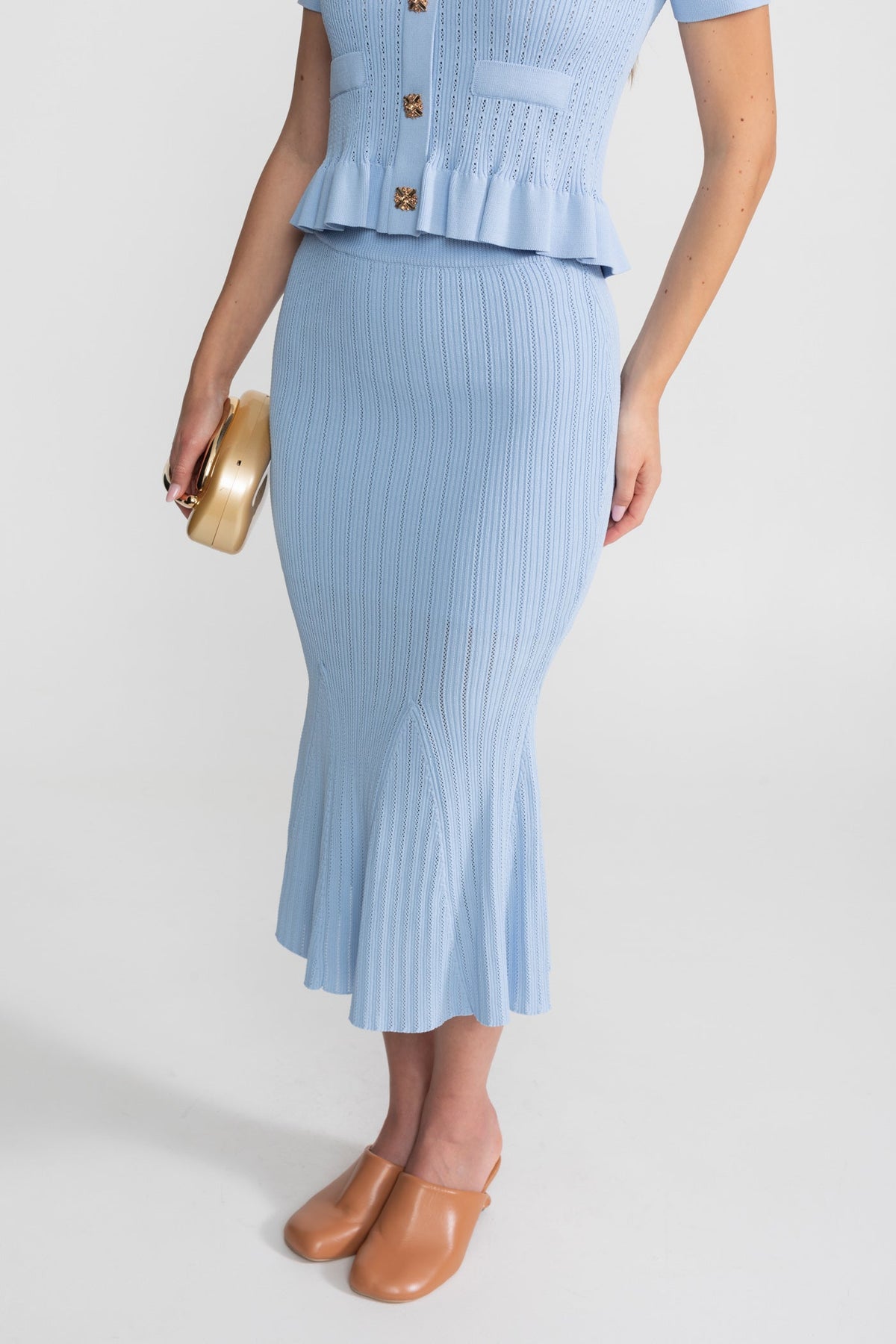 Eloise Baby Blue Knit Midi Co-Ord with Peplum Waist and Gold Buttons