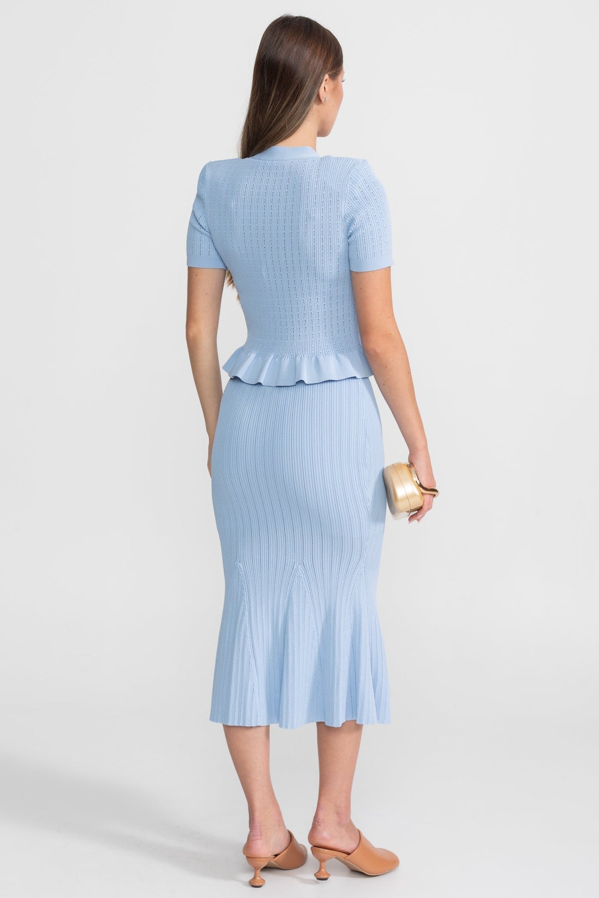 Eloise Baby Blue Knit Midi Co-Ord with Peplum Waist and Gold Buttons