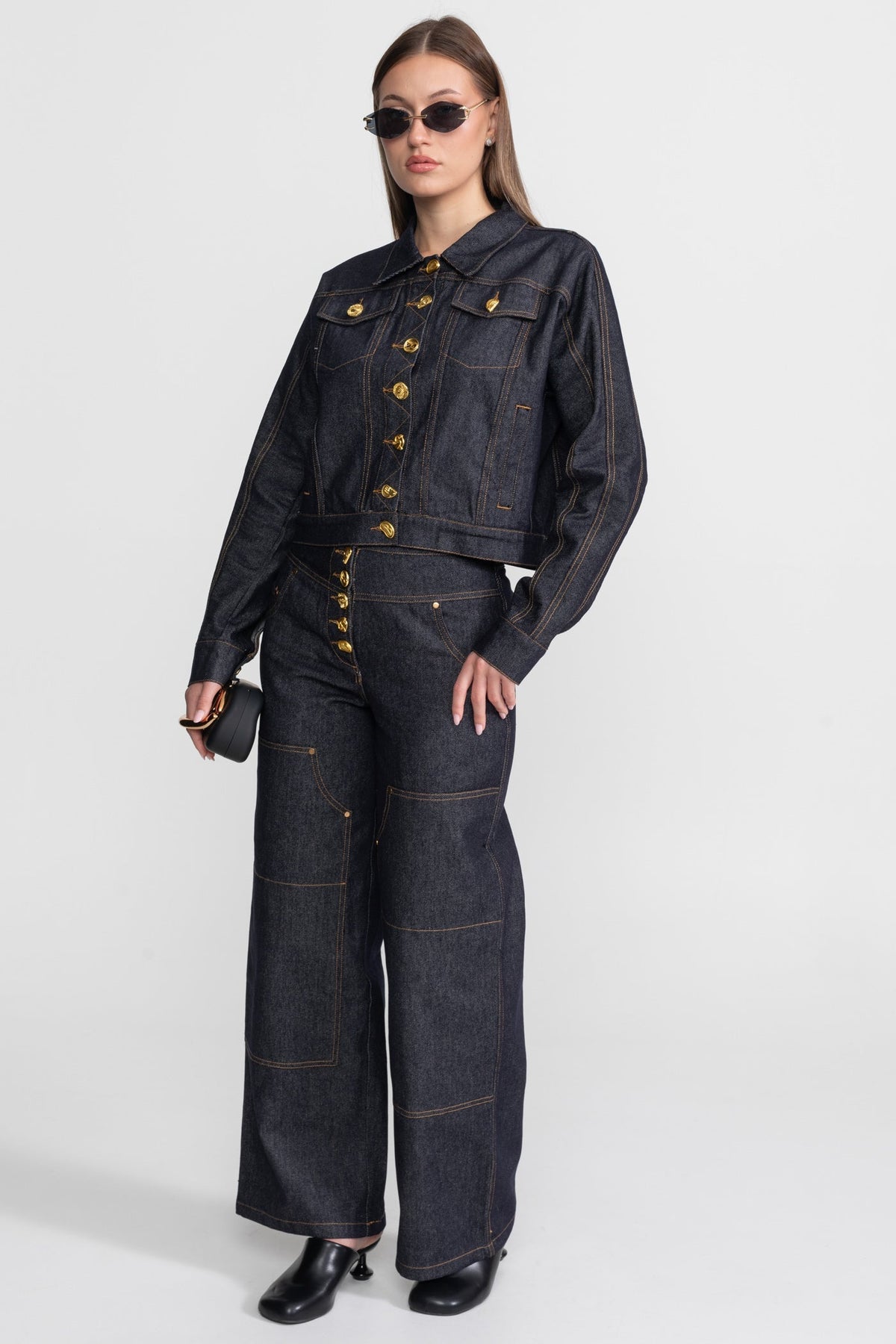 Gold Button Denim Co-ord Set – Indigo