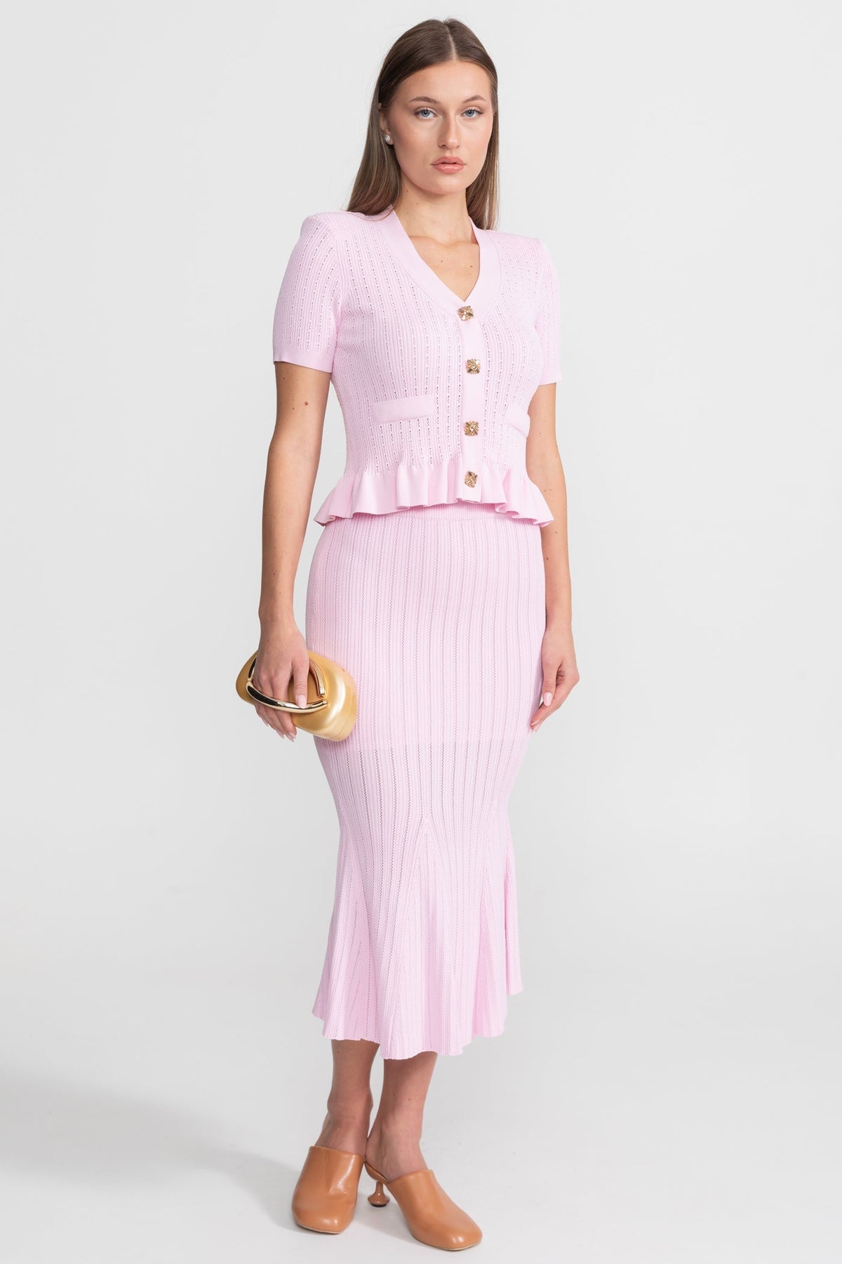 Eloise Pink Knit Midi Co-Ord with Peplum Waist and Gold Buttons