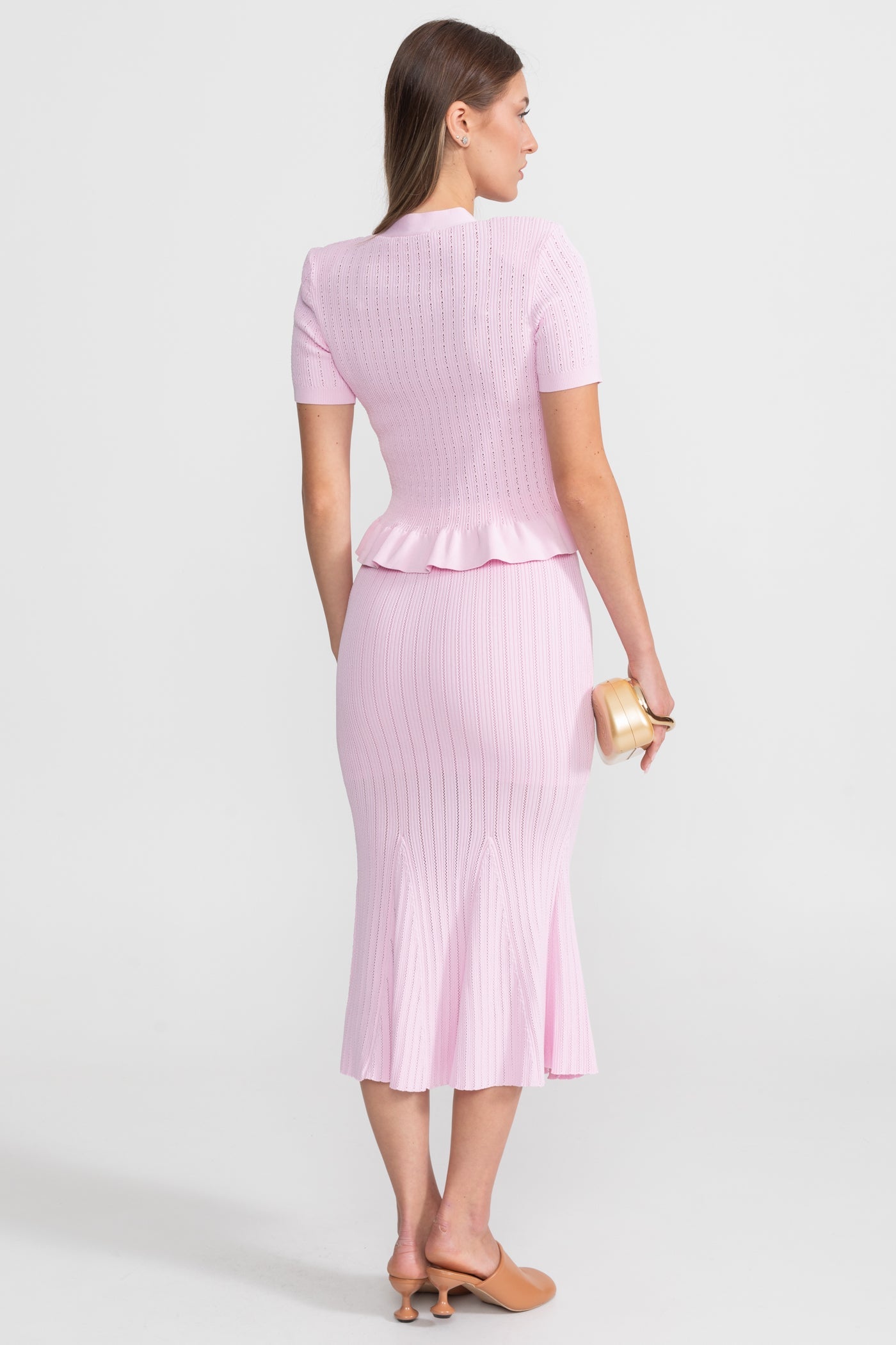 Knit Midi Co-Ord with Peplum Waist and Gold Buttons – Pink