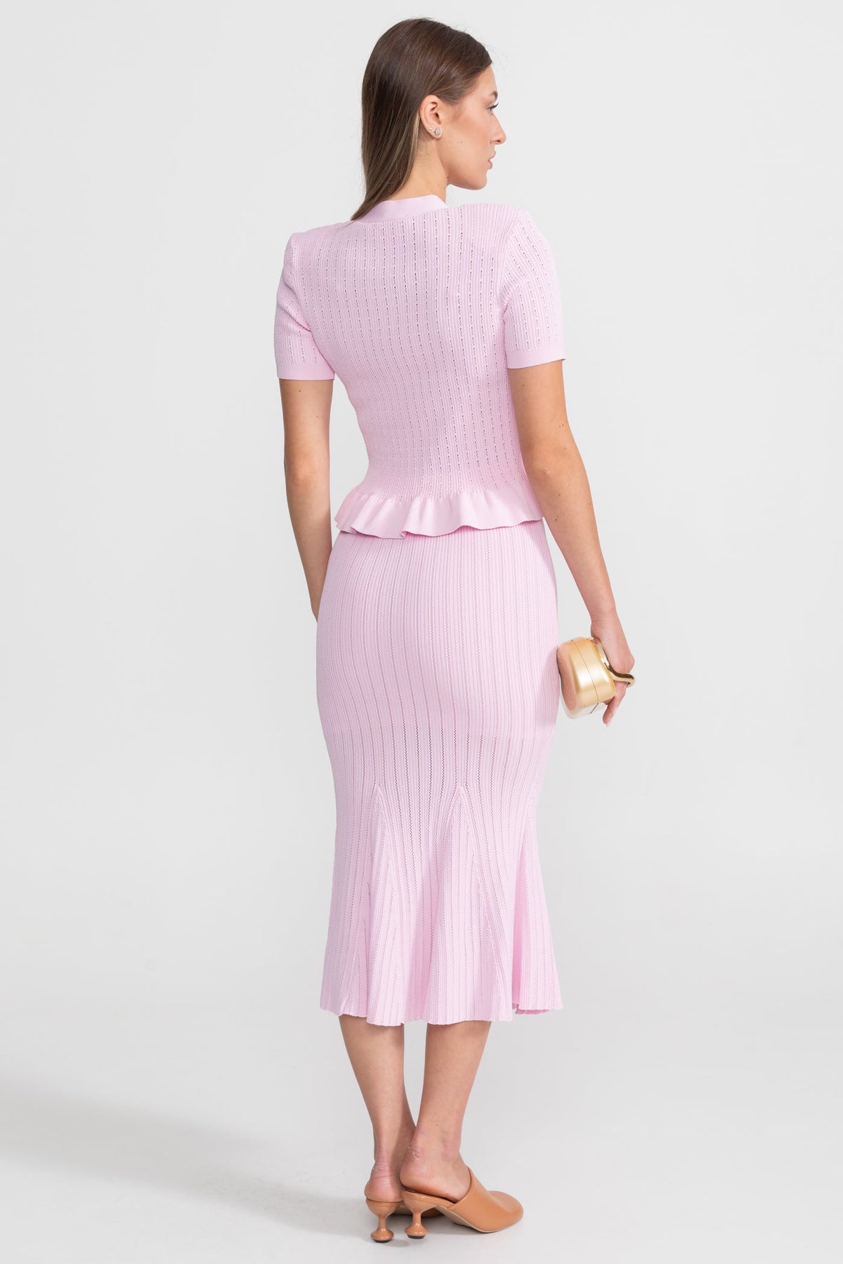 Eloise Pink Knit Midi Co-Ord with Peplum Waist and Gold Buttons