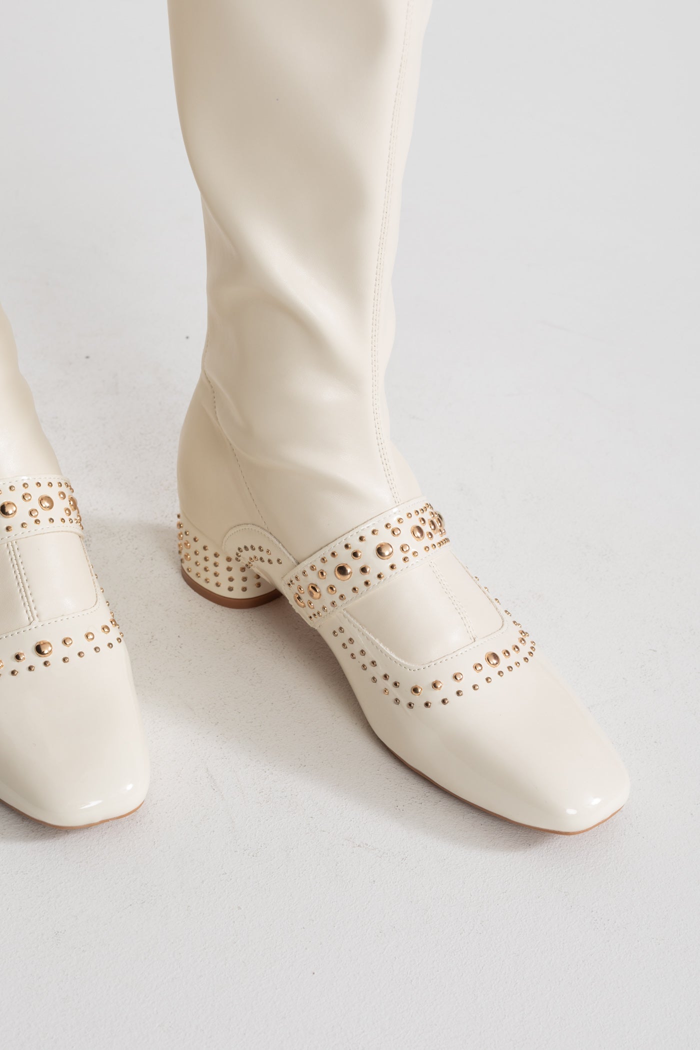 Studded Knee-High Boots With Pearl Strap Detail – Ivoire