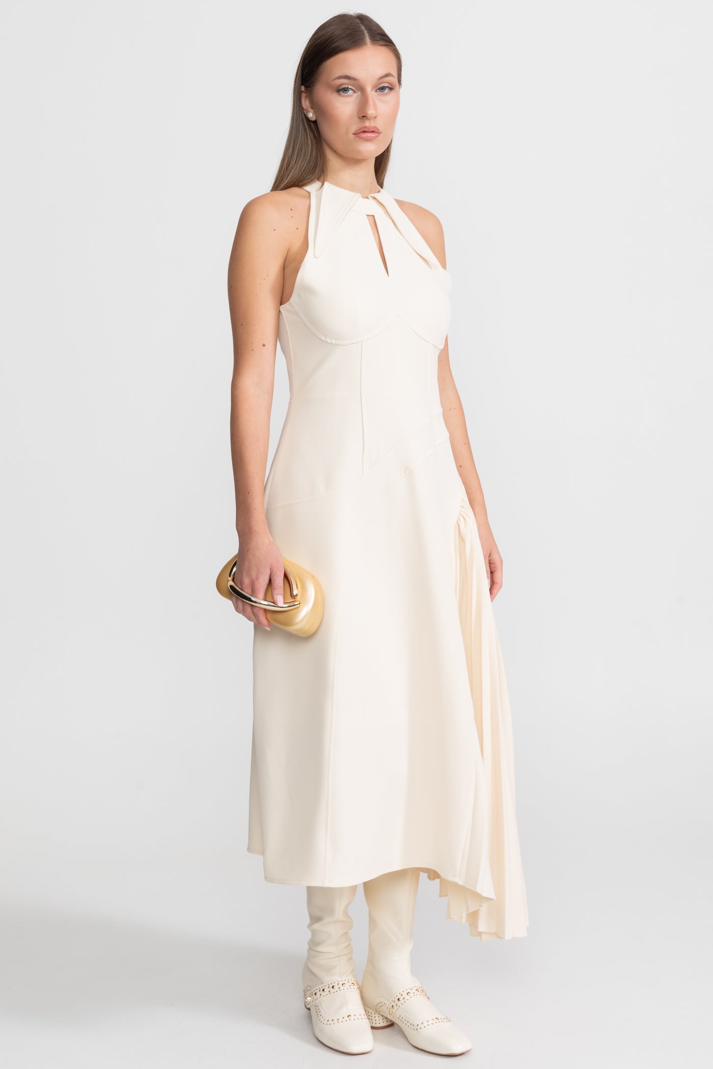Pleated Halter Midi Dress With Keyhole Detail - Ivoire