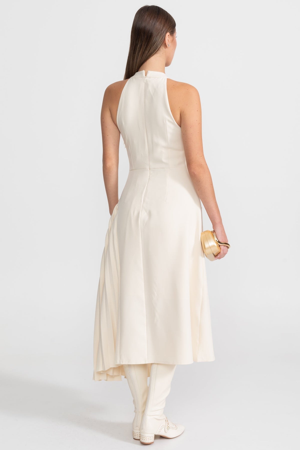 Pleated Halter Midi Dress With Keyhole Detail - Ivoire