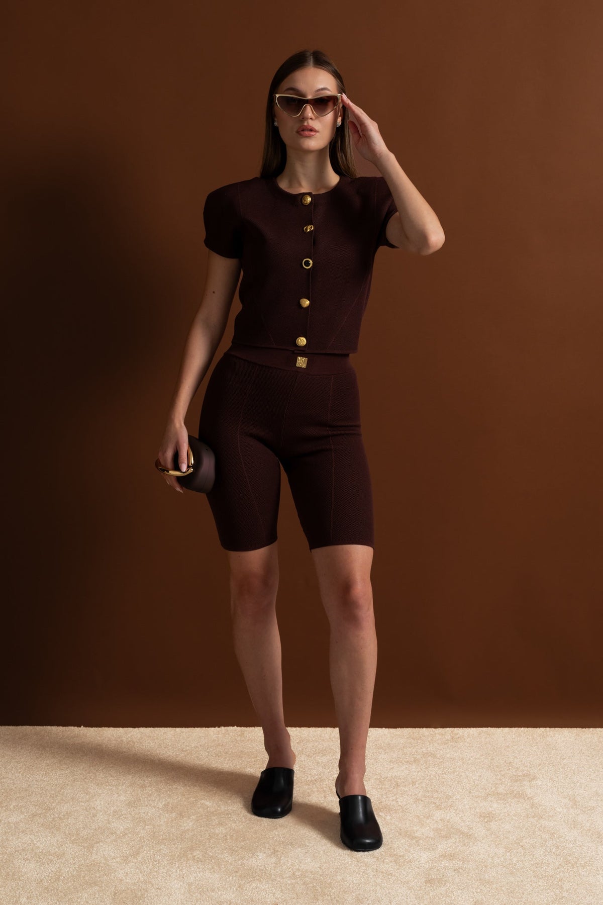 Textured Knit Co-ord Set With Structured Shoulders – Deep Burgundy