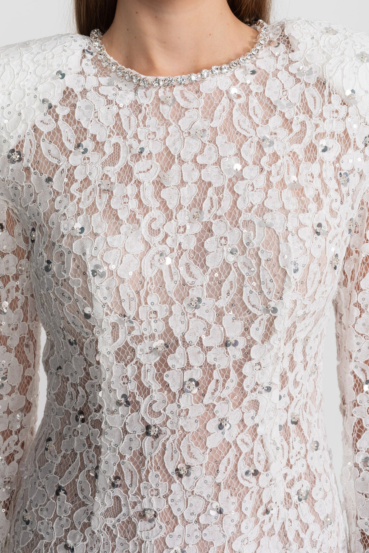 Sequin Lace Mini Dress With Structured Shoulders – White
