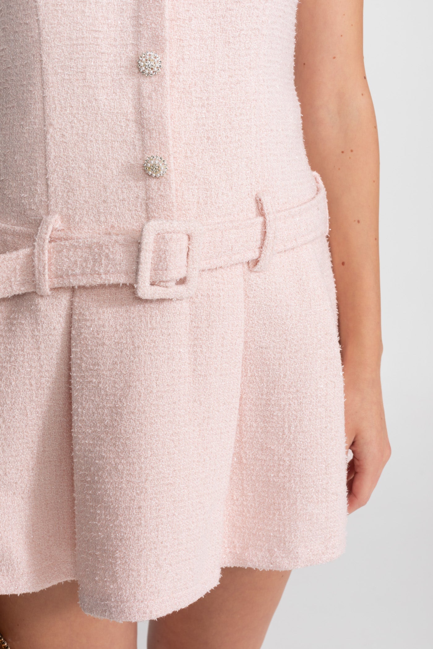 Antoinette Blush Crystal-Embellished Tweed Mini Dress With Belt