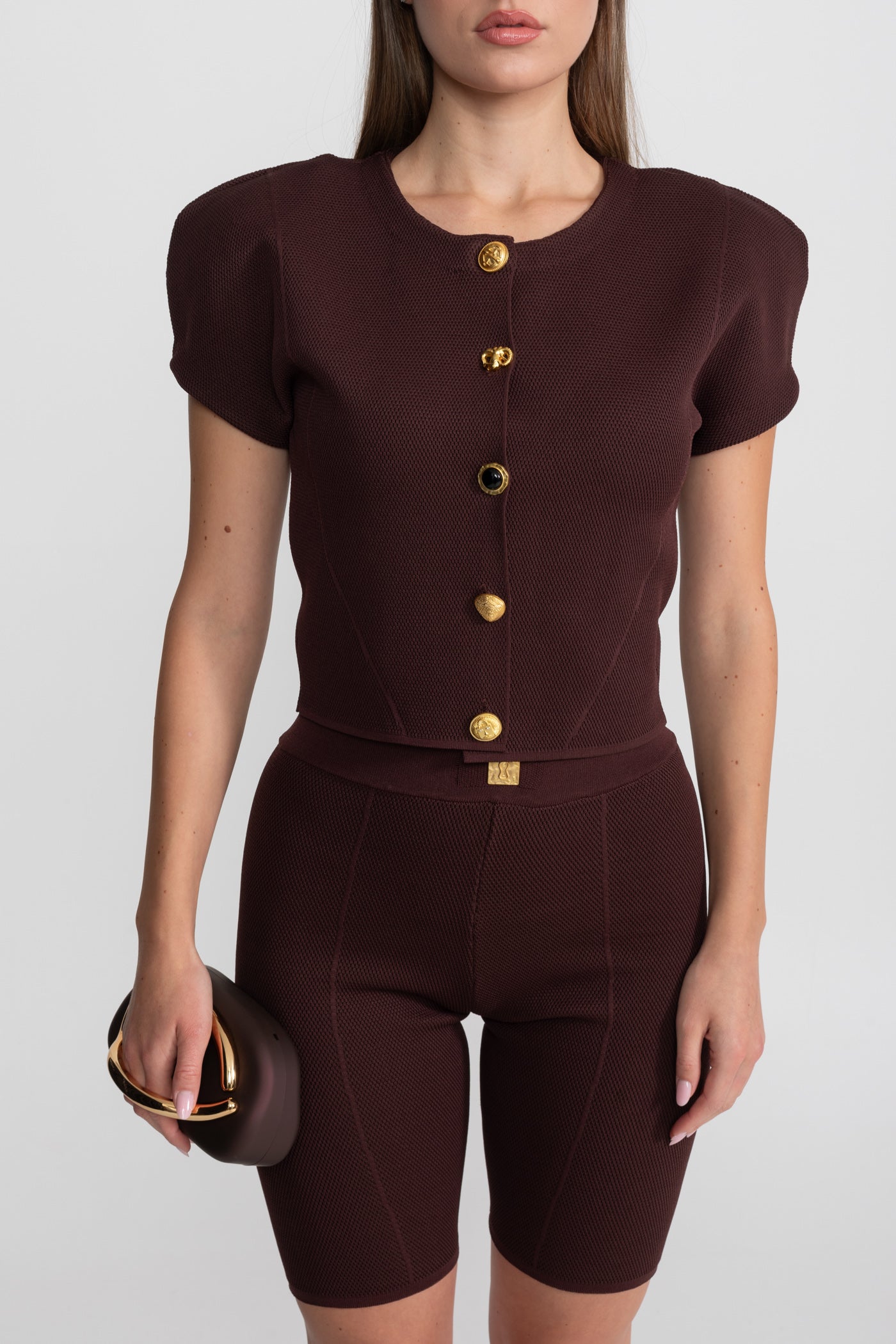 Textured Knit Co-ord Set With Structured Shoulders – Deep Burgundy