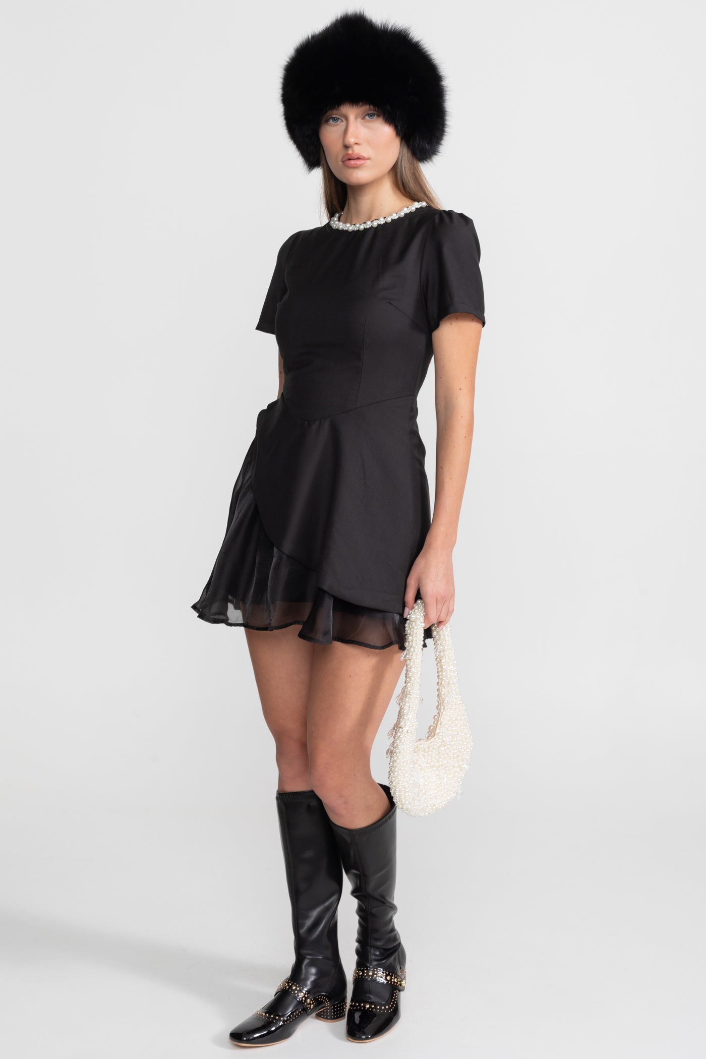 Pearl-Trim Satin Mini Dress - Black