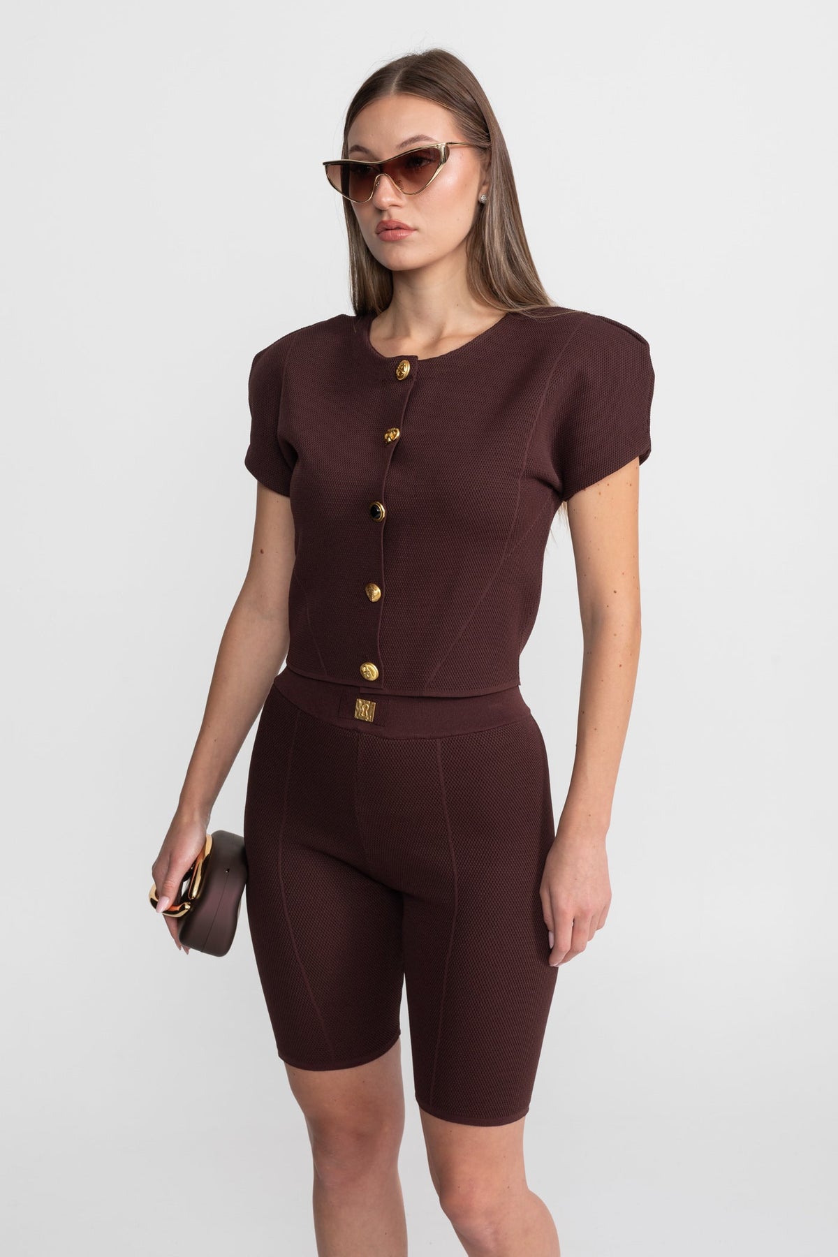Textured Knit Co-ord Set With Structured Shoulders – Deep Burgundy