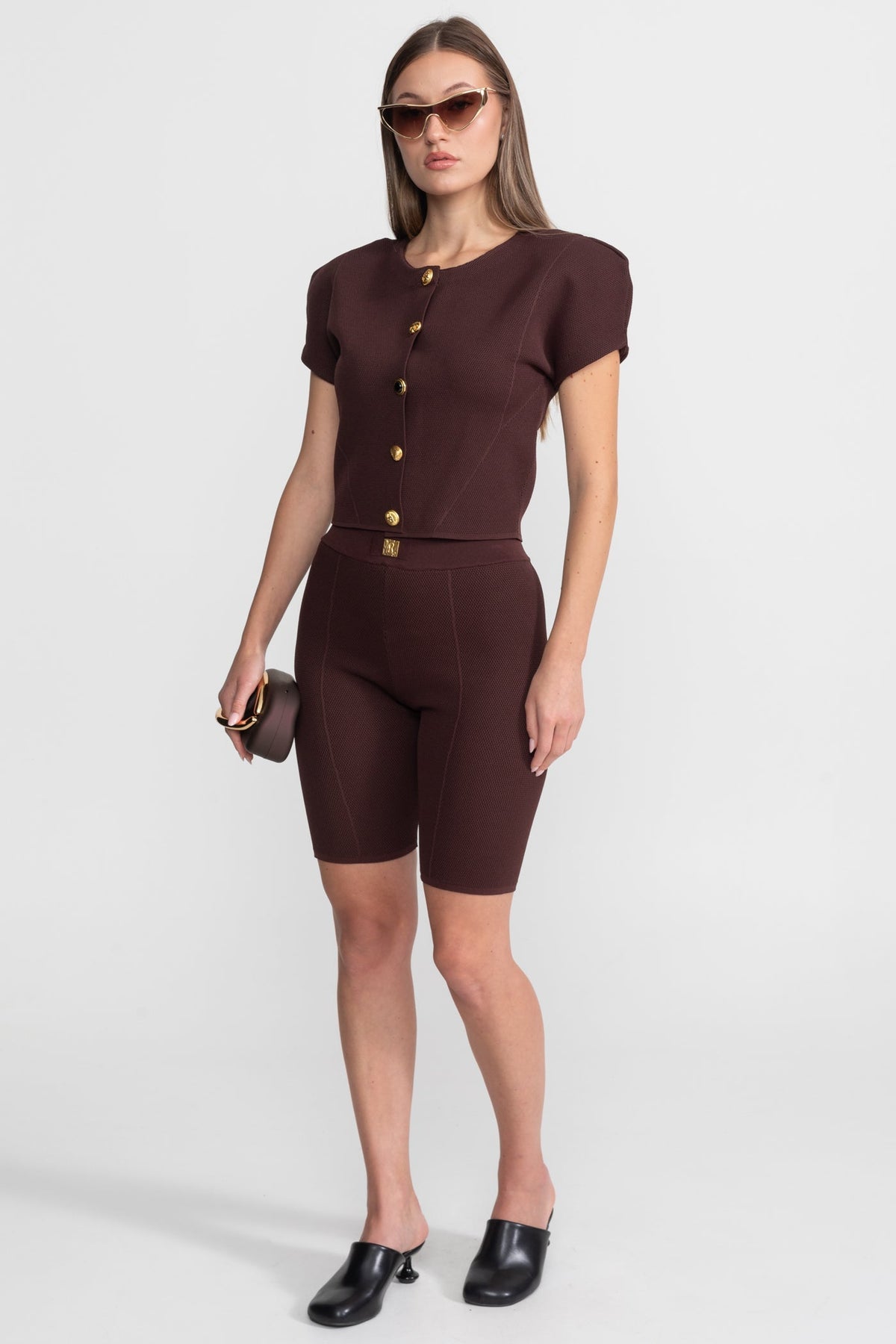 Textured Knit Co-ord Set With Structured Shoulders – Deep Burgundy