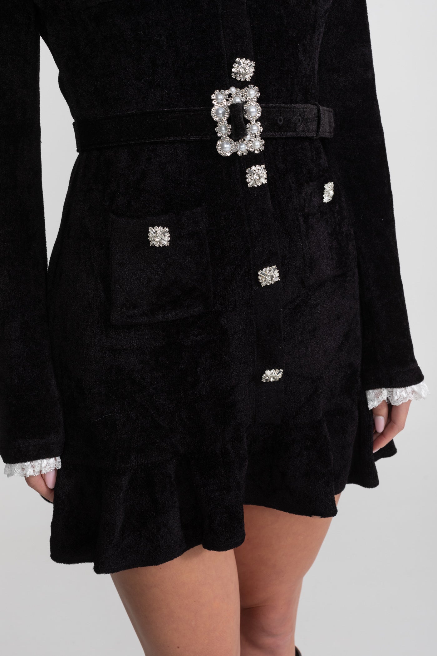 Knit Crystal-Button Mini Dress With Matching Belt – Black