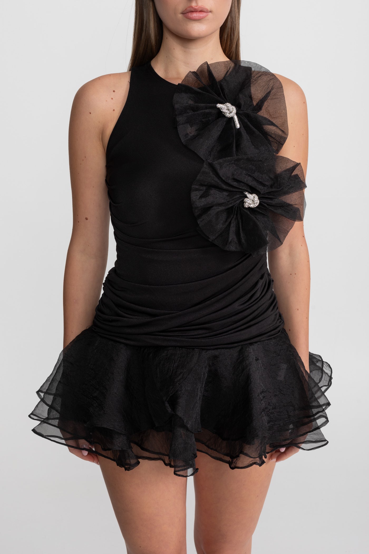 Ruffled Mini Dress with Tulle Appliqué – Black