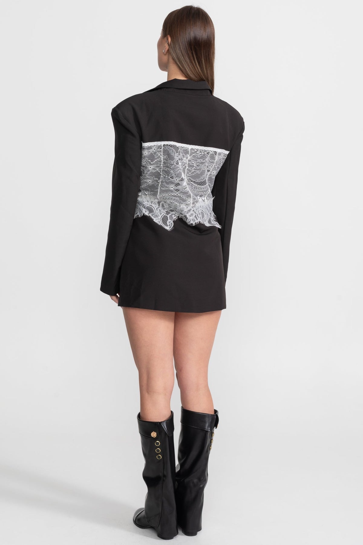 Lace Corset Blazer Dress With Deep V-neckline – Black