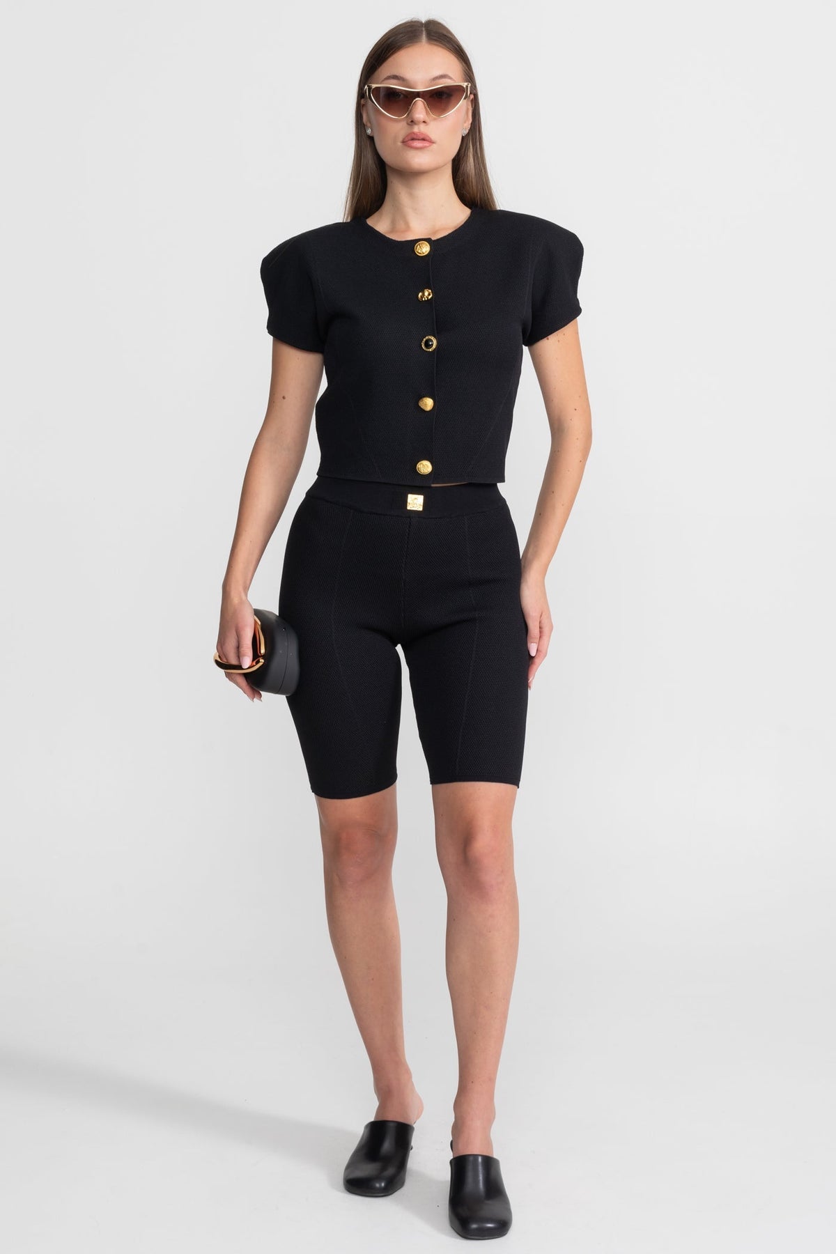 Textured Knit Co-ord Set With Structured Shoulders – Black