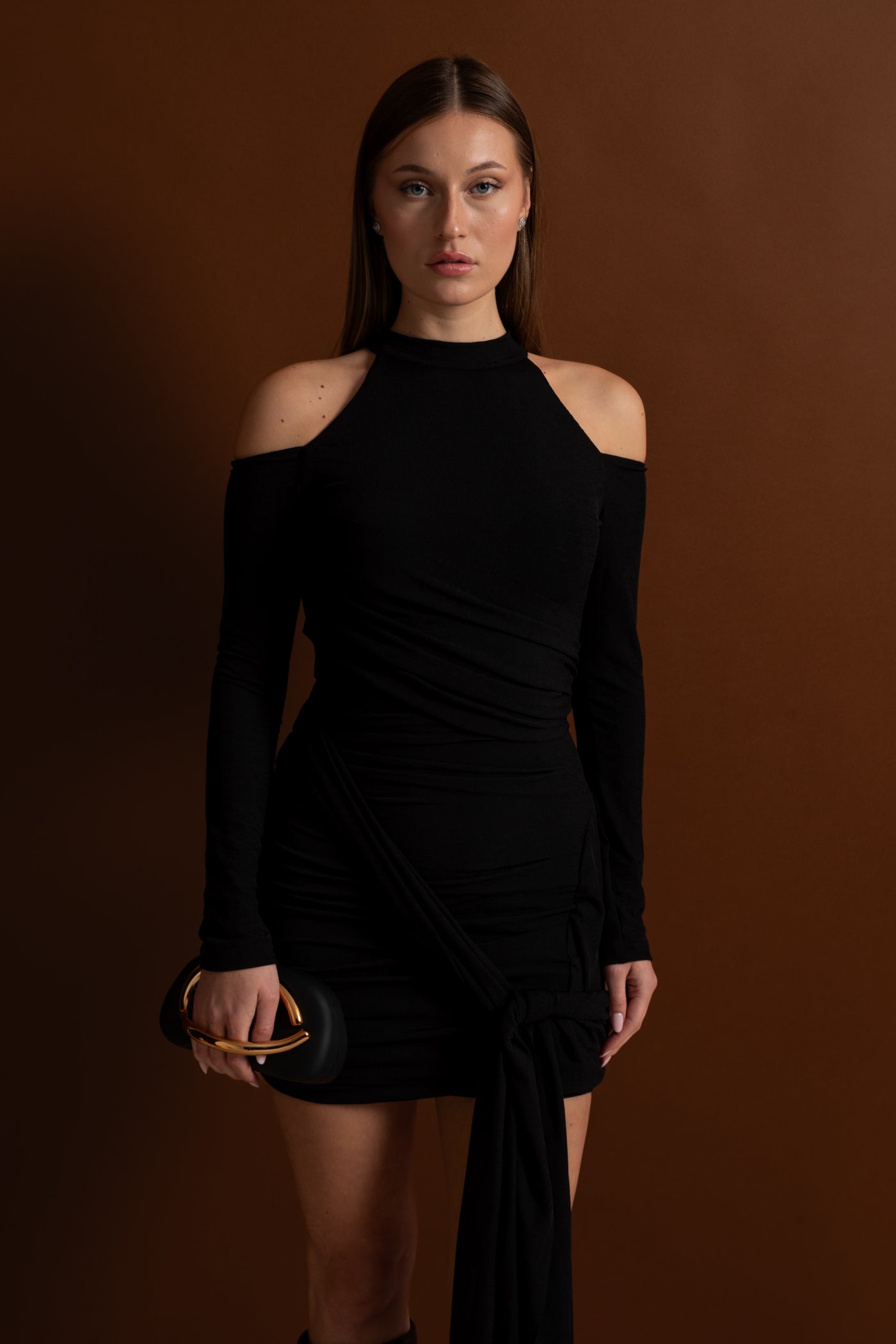 Cold-Shoulder Draped Mini Dress – Black