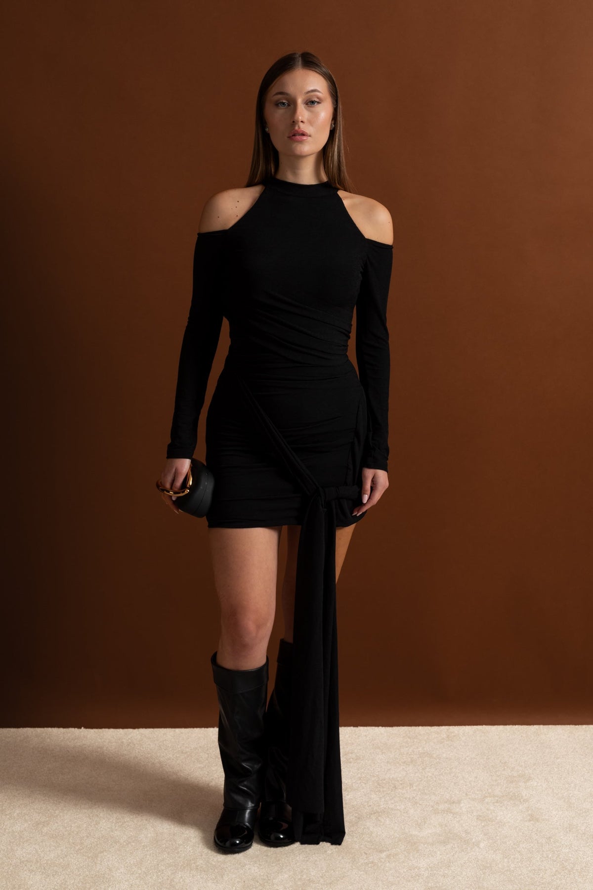 Cold-Shoulder Draped Mini Dress – Black