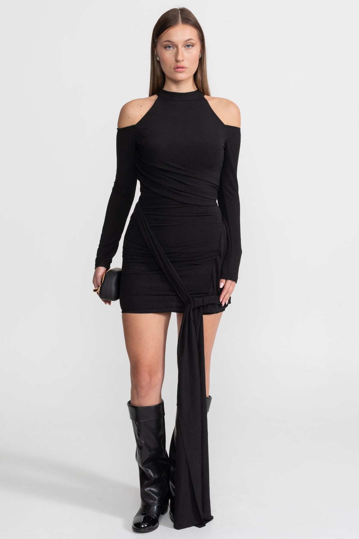 Cold-Shoulder Draped Mini Dress – Black