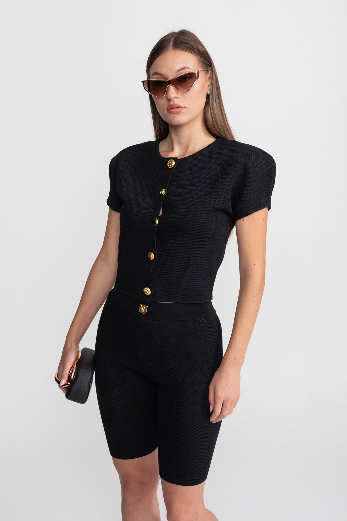 Textured Knit Co-ord Set With Structured Shoulders – Black