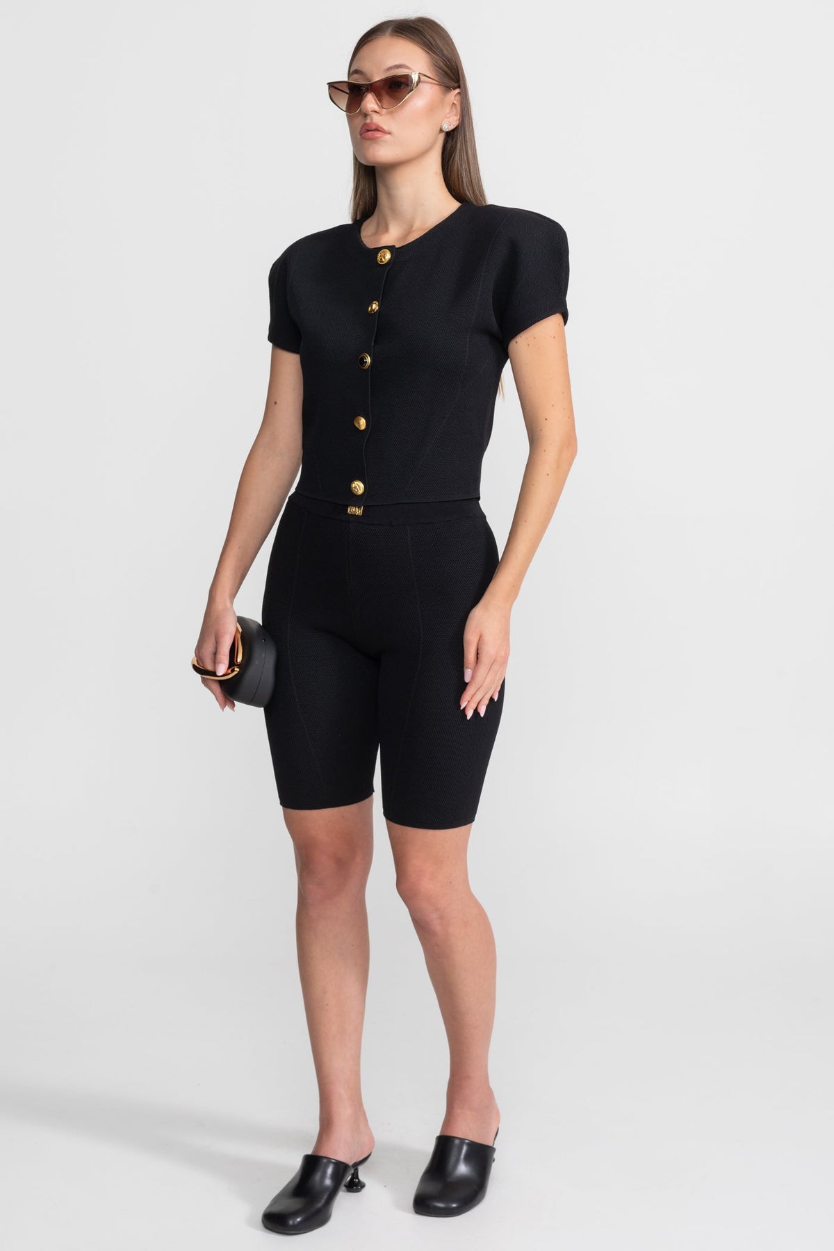 Textured Knit Co-ord Set With Structured Shoulders – Black