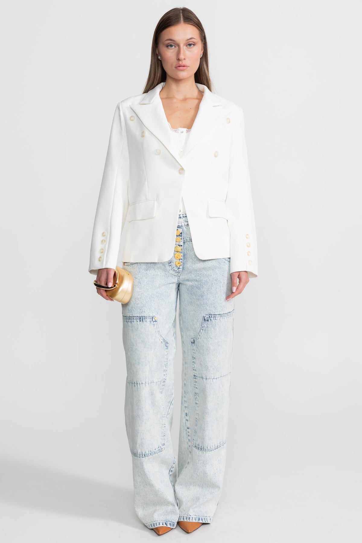 Double-Breasted Tailored Blazer With Peak Lapels – White