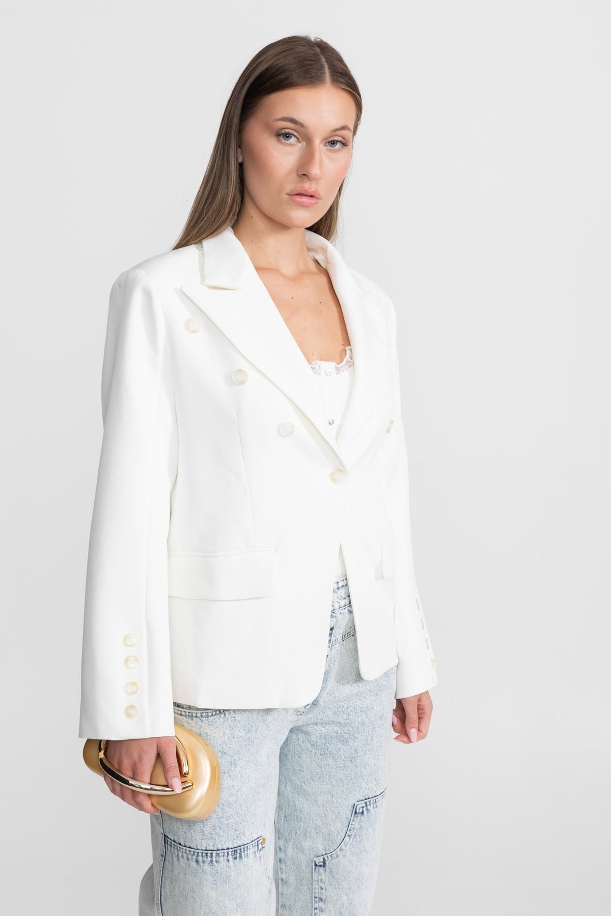 Double-Breasted Tailored Blazer With Peak Lapels – White