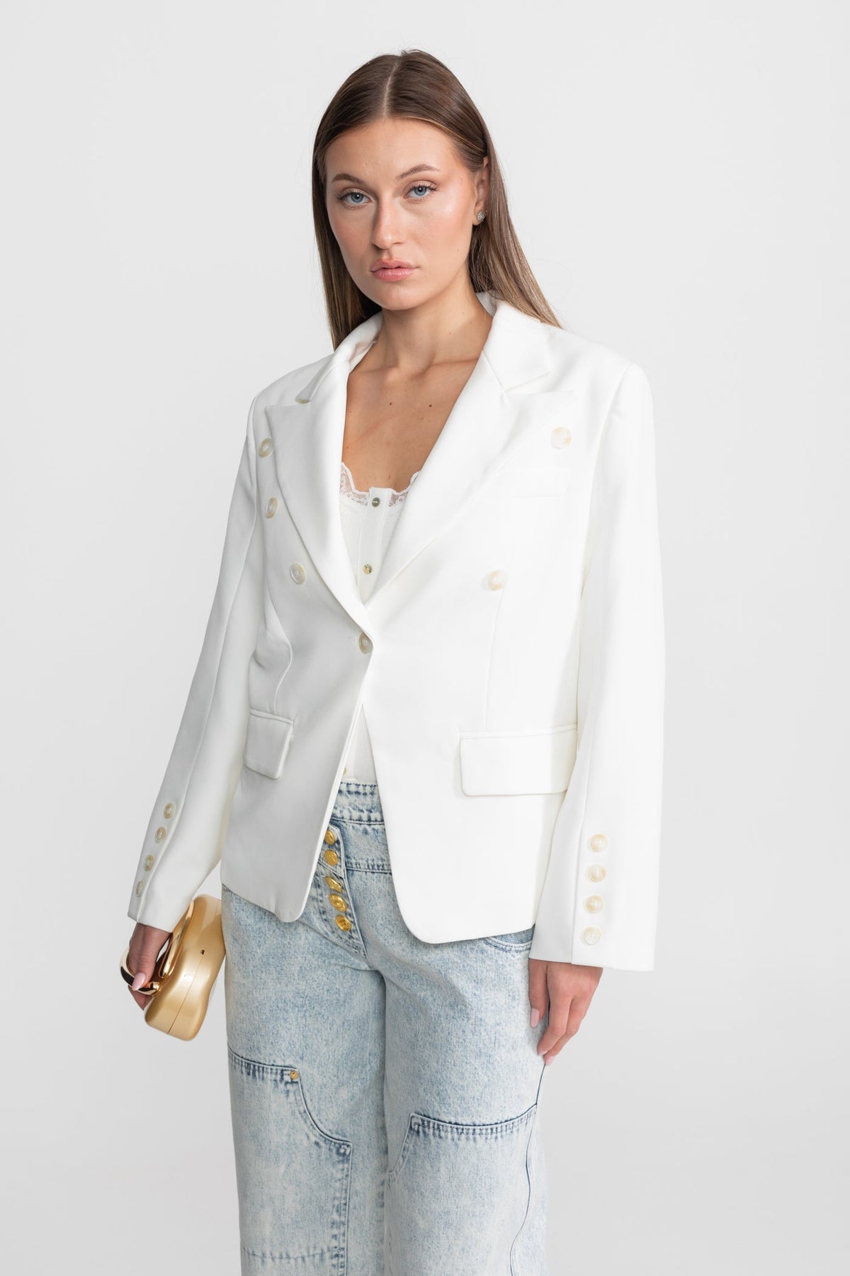 Double-Breasted Tailored Blazer With Peak Lapels – White