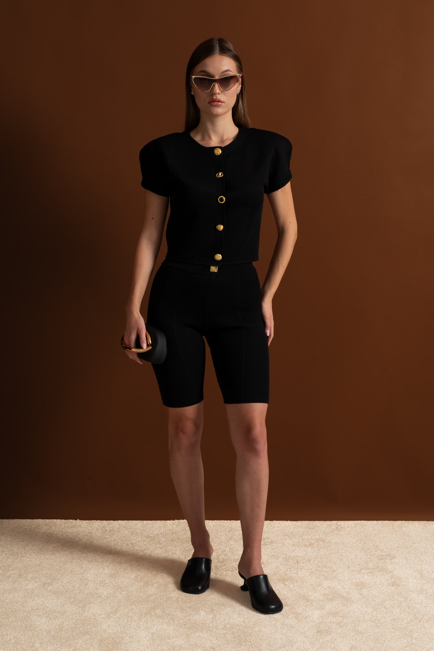 Textured Knit Co-ord Set With Structured Shoulders – Black