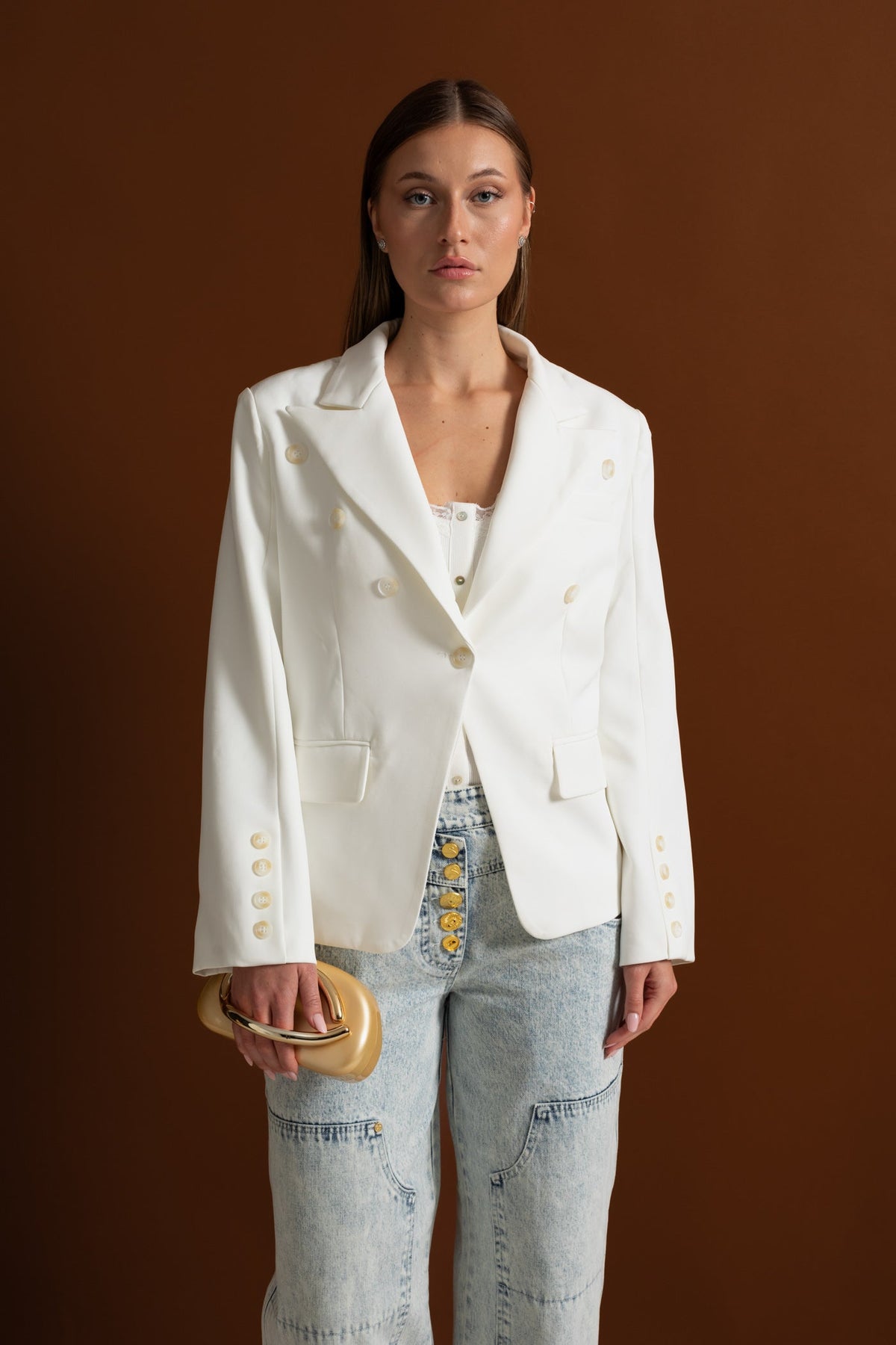Double-Breasted Tailored Blazer With Peak Lapels – White