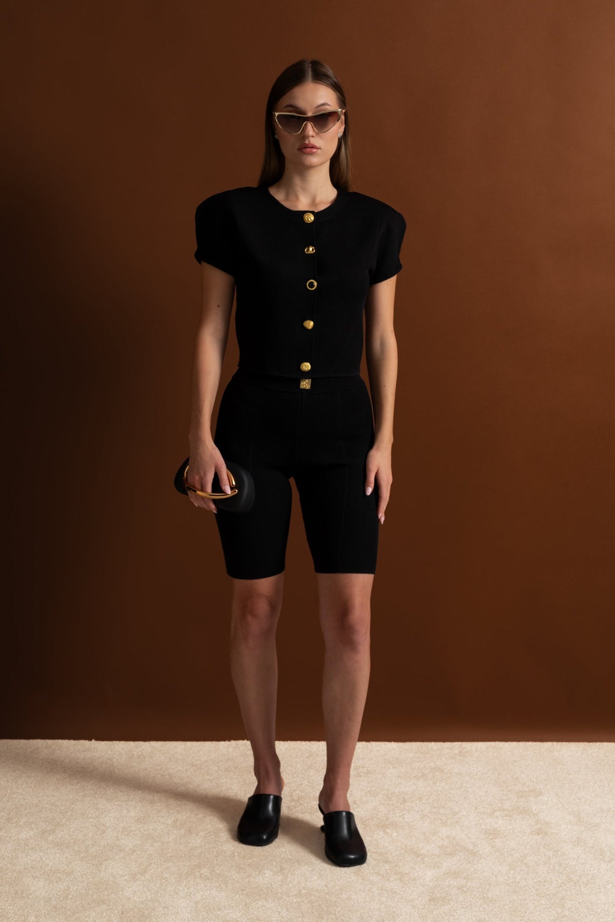 Textured Knit Co-ord Set With Structured Shoulders – Black