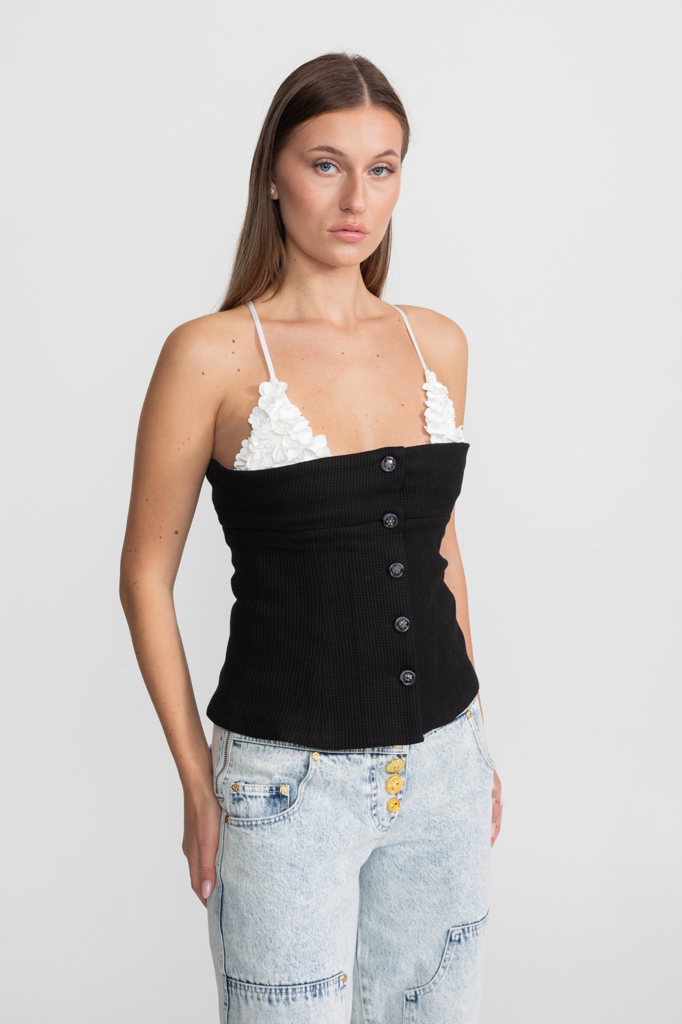 Contrast Floral Appliqué Bustier Top – Black/White