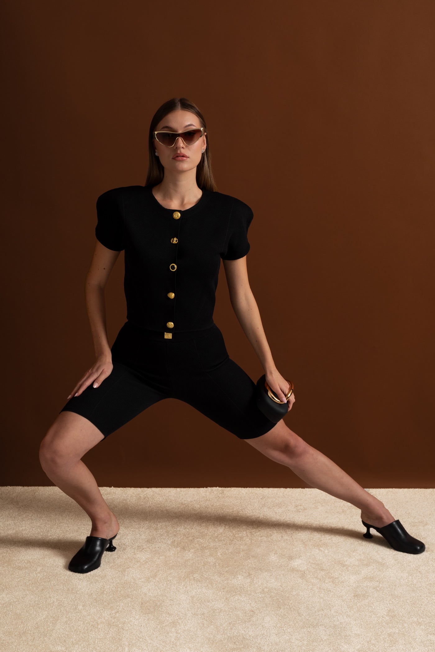 Textured Knit Co-ord Set With Structured Shoulders – Black