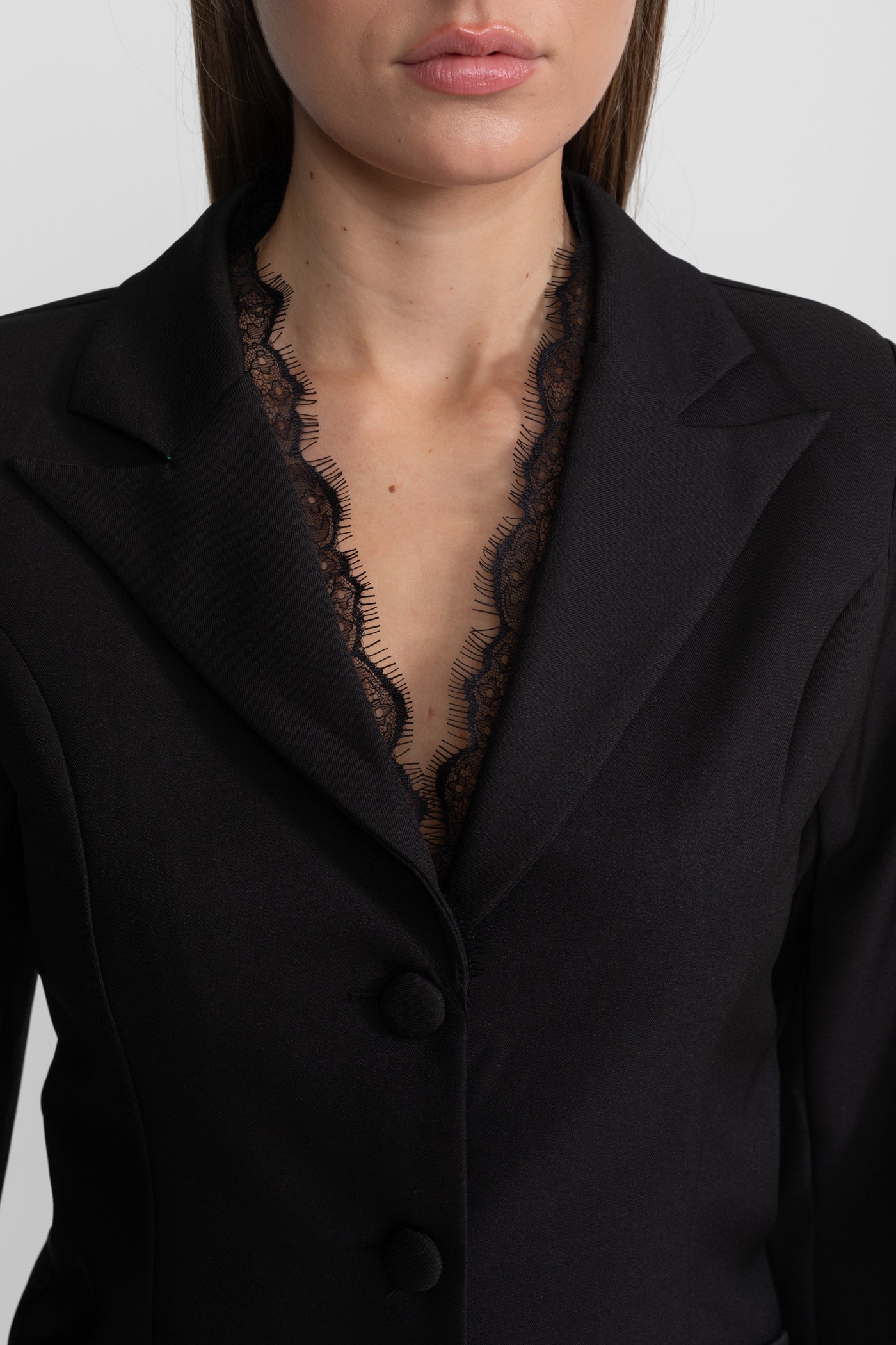 Tailored Lace-Trim Blazer With Tonal Button Closure – Black