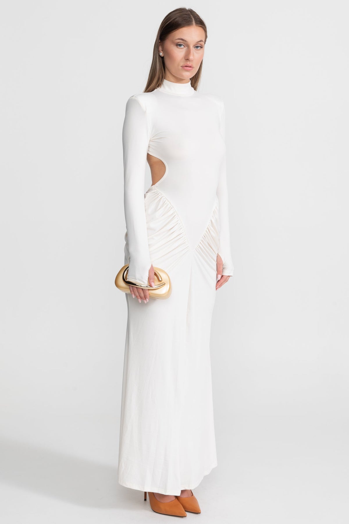 Ruched Maxi Dress With Side Cutouts – White
