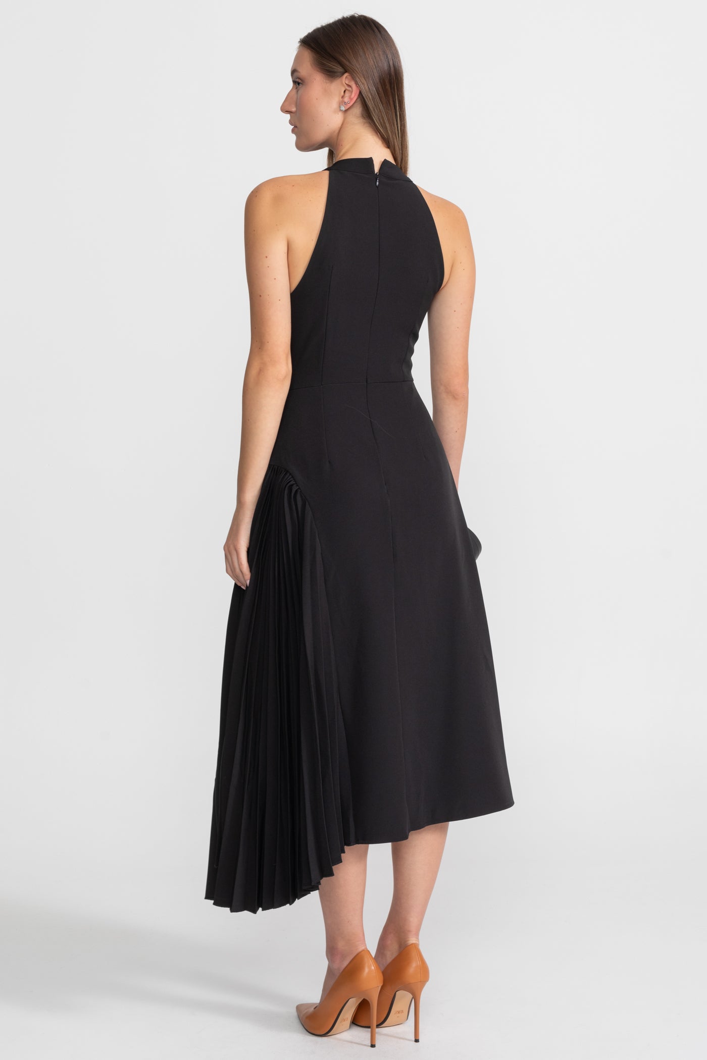 Pleated Halter Midi Dress With Keyhole Detail - Black