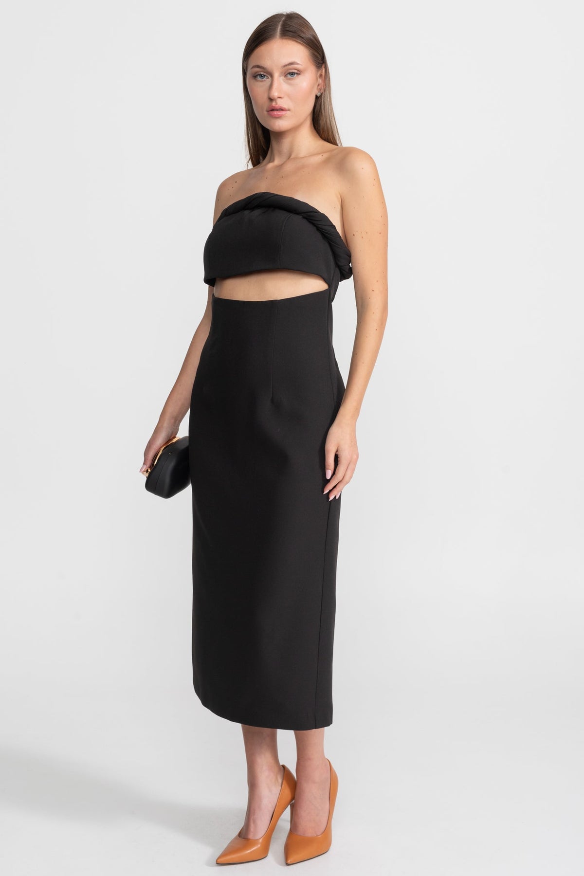 Strapless Cutout Midi Dress With Twisted Bandeau Detail – Black