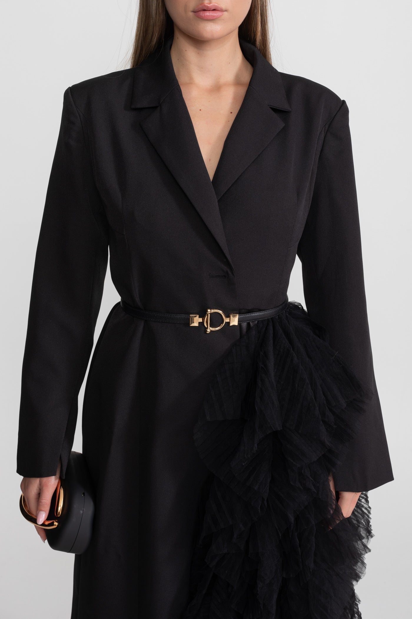 Tulle Cascade Blazer Dress With Notched Lapels – Black
