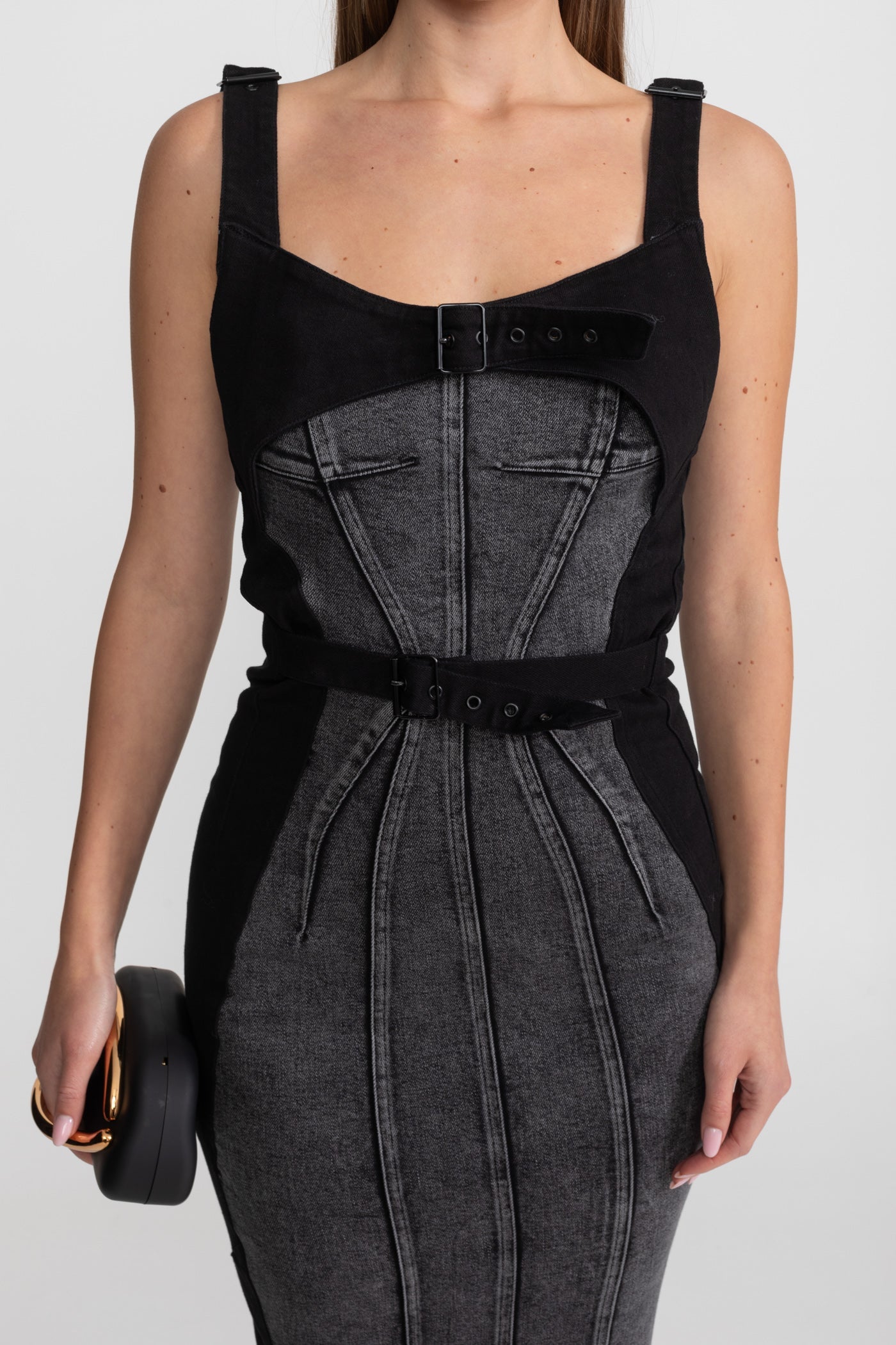 Panelled Denim Midi Dress With Buckled Belts – Charcoal