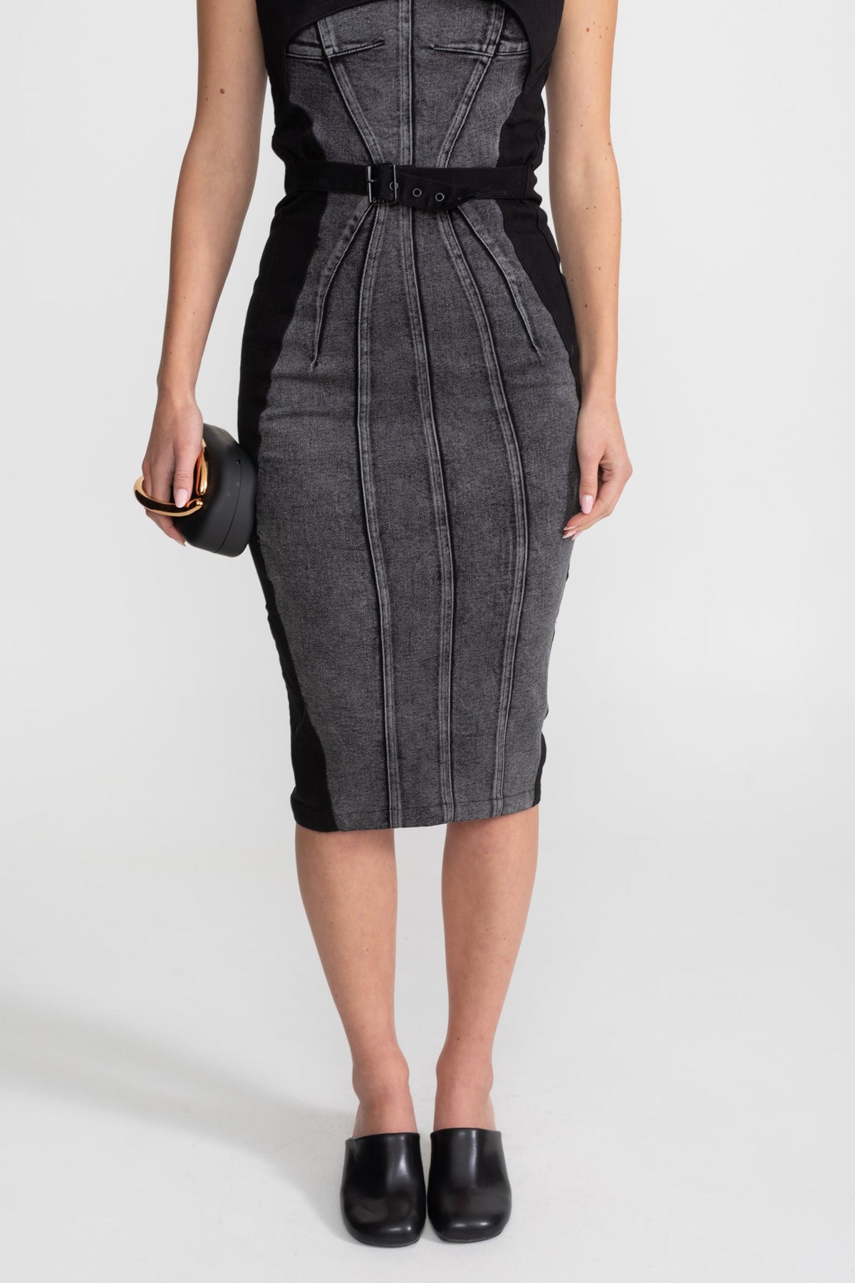 Panelled Denim Midi Dress With Buckled Belts – Charcoal