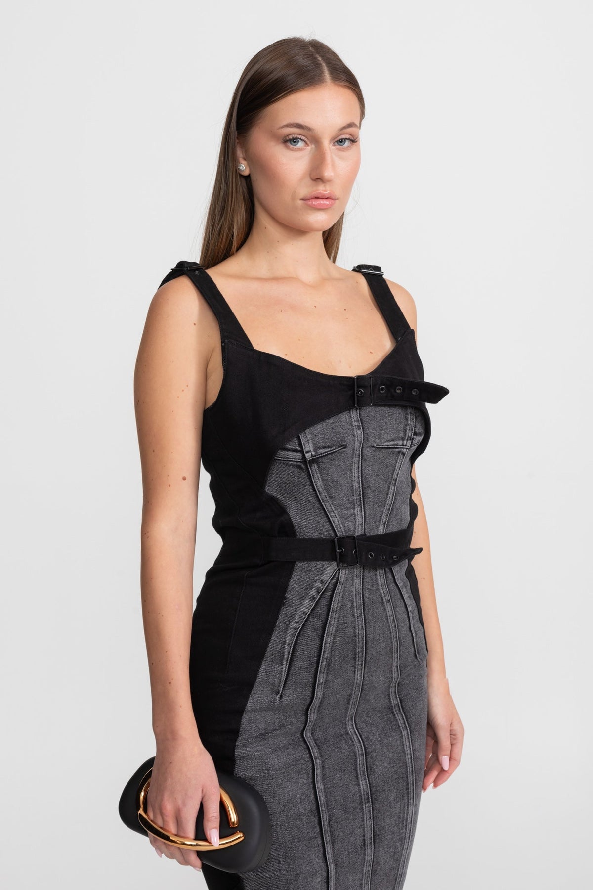 Panelled Denim Midi Dress With Buckled Belts – Charcoal