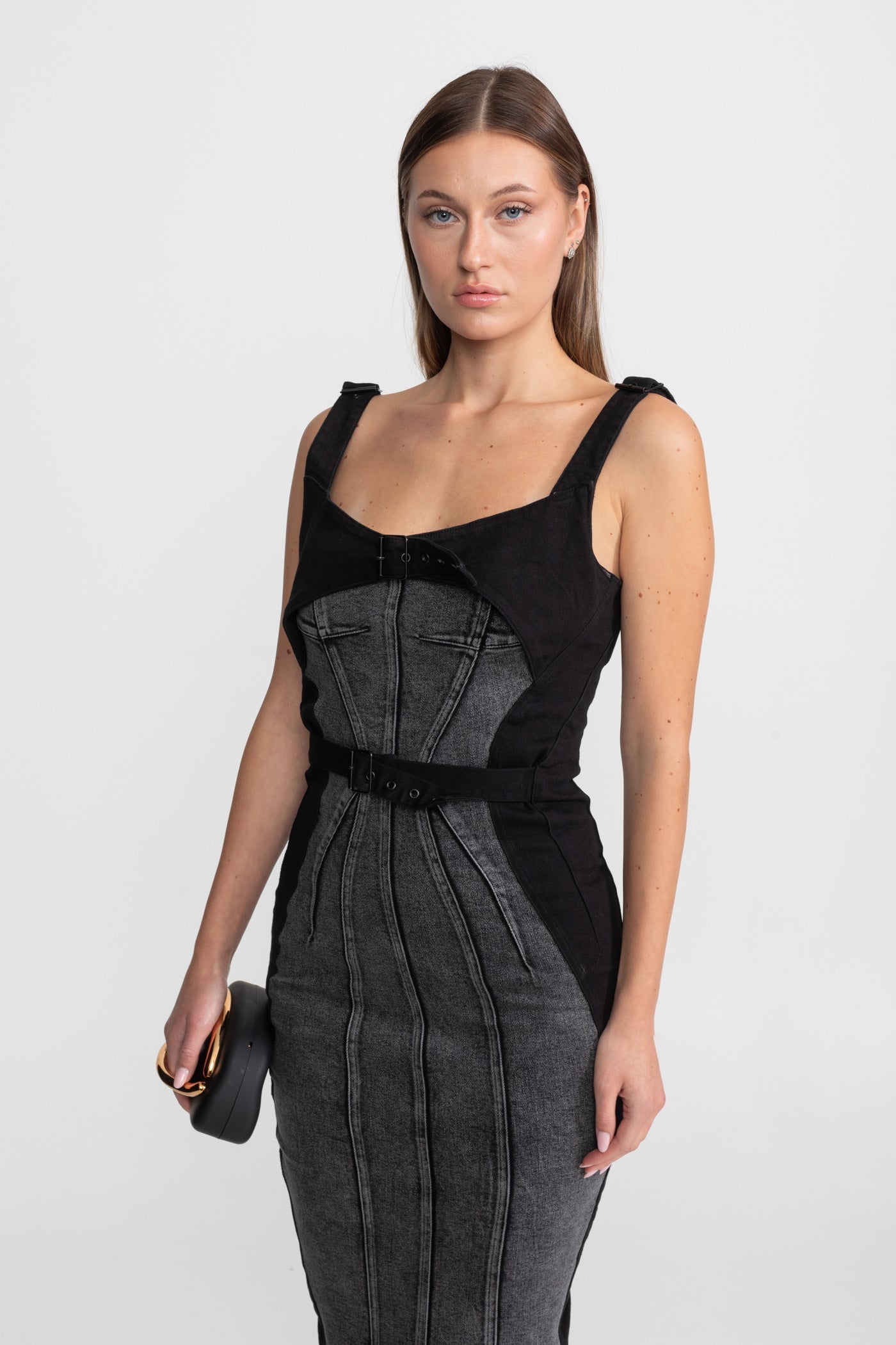 Panelled Denim Midi Dress With Buckled Belts – Charcoal