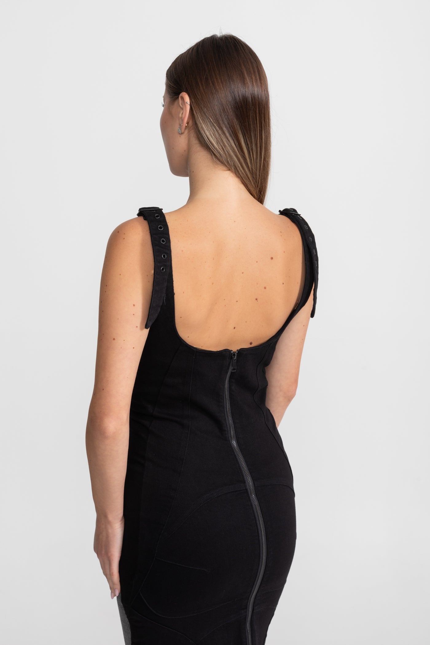 Panelled Denim Midi Dress With Buckled Belts – Charcoal